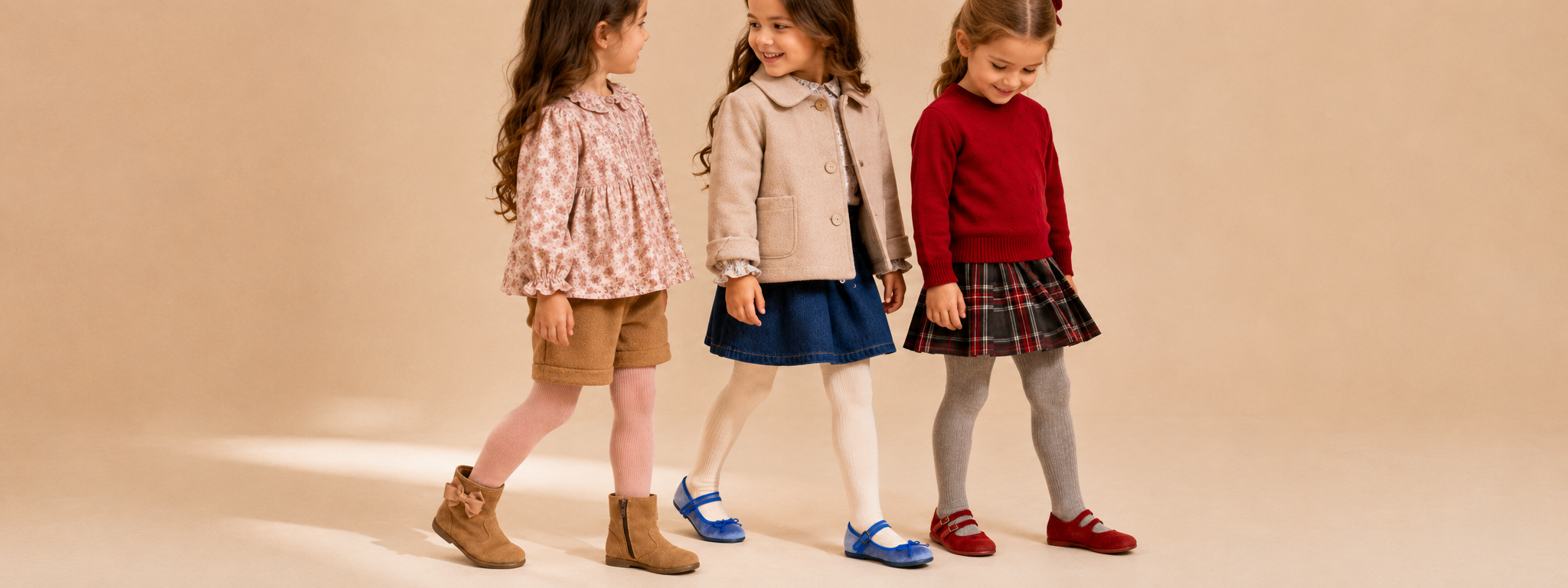 A young girl sits on a bench in a boutique, wearing a navy blue dress, white tights, and black Mary Jane shoes while tying one shoe. A dark navy shoebox sits on the floor next to her.