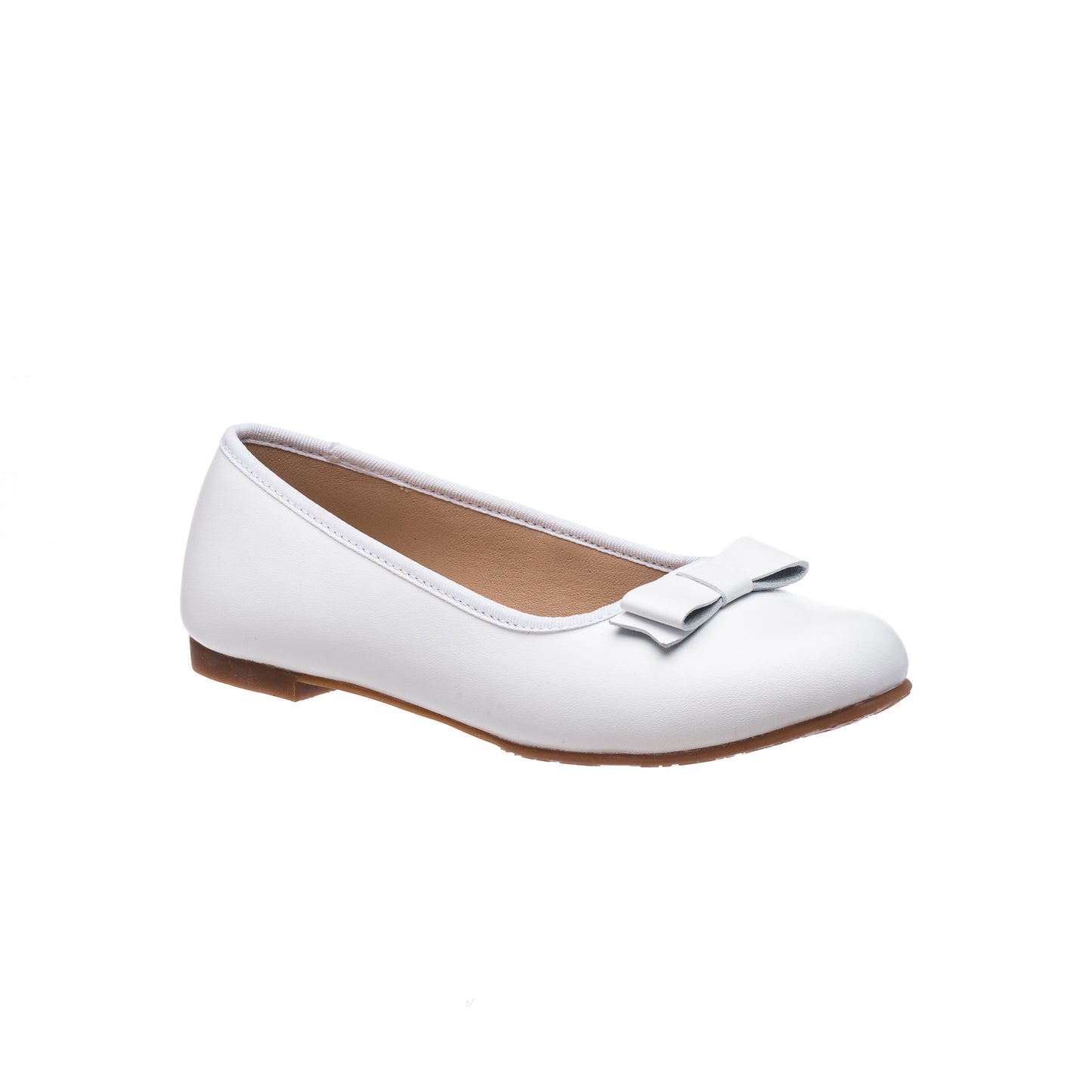 White leather ballet flat with a small bow on the toe and a tan sole.