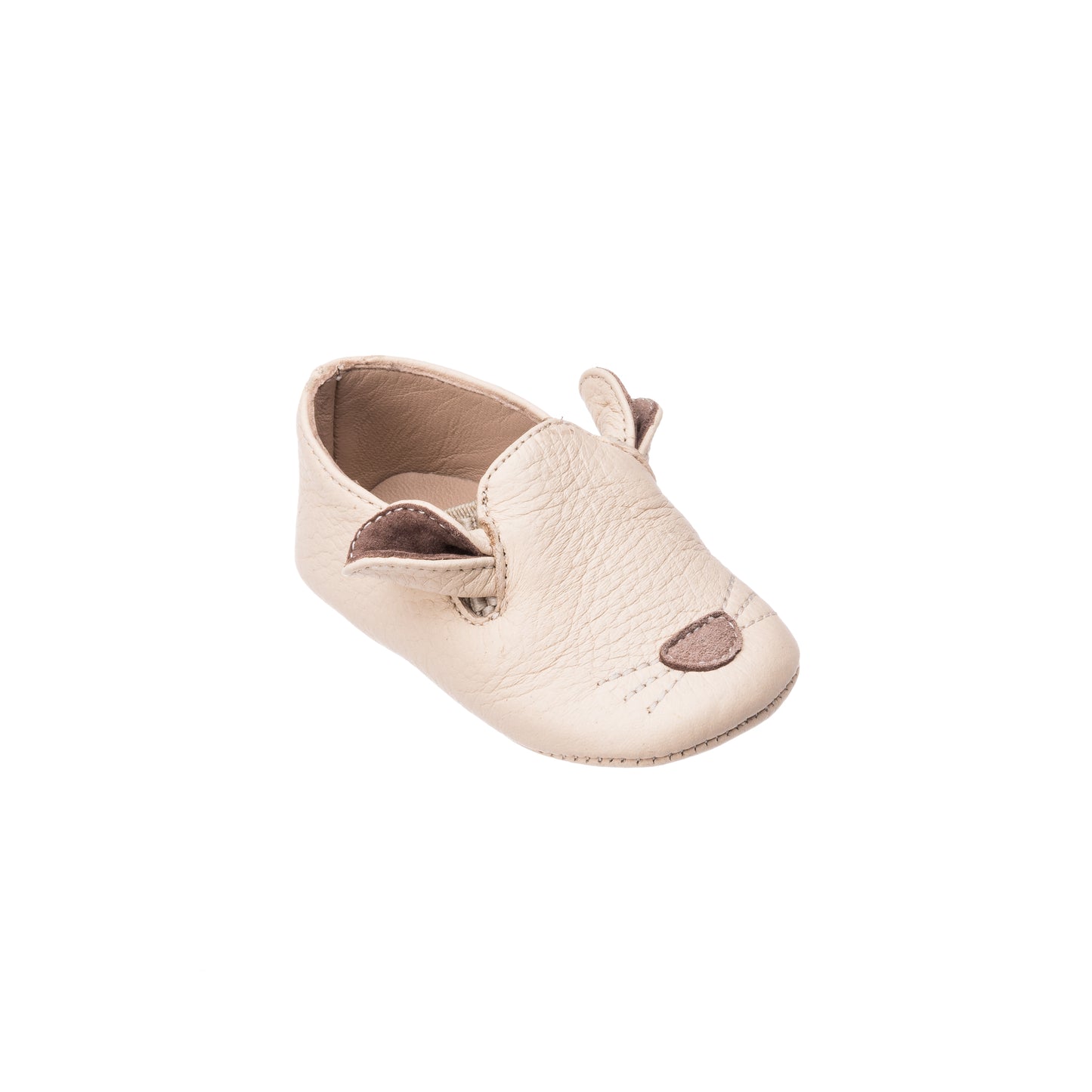 Cream-colored baby slipper with stitched mouse face and fabric ears.
