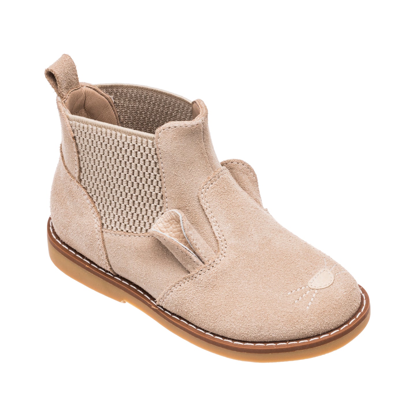 Beige toddler Chelsea boot with soft suede texture, elastic side panels, and rubber sole.