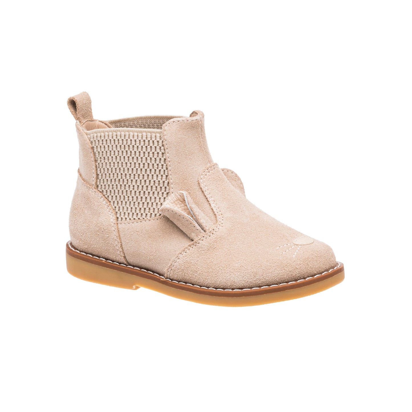 Beige suede toddler Chelsea boot with elastic side panels and pull tab, tan sole.