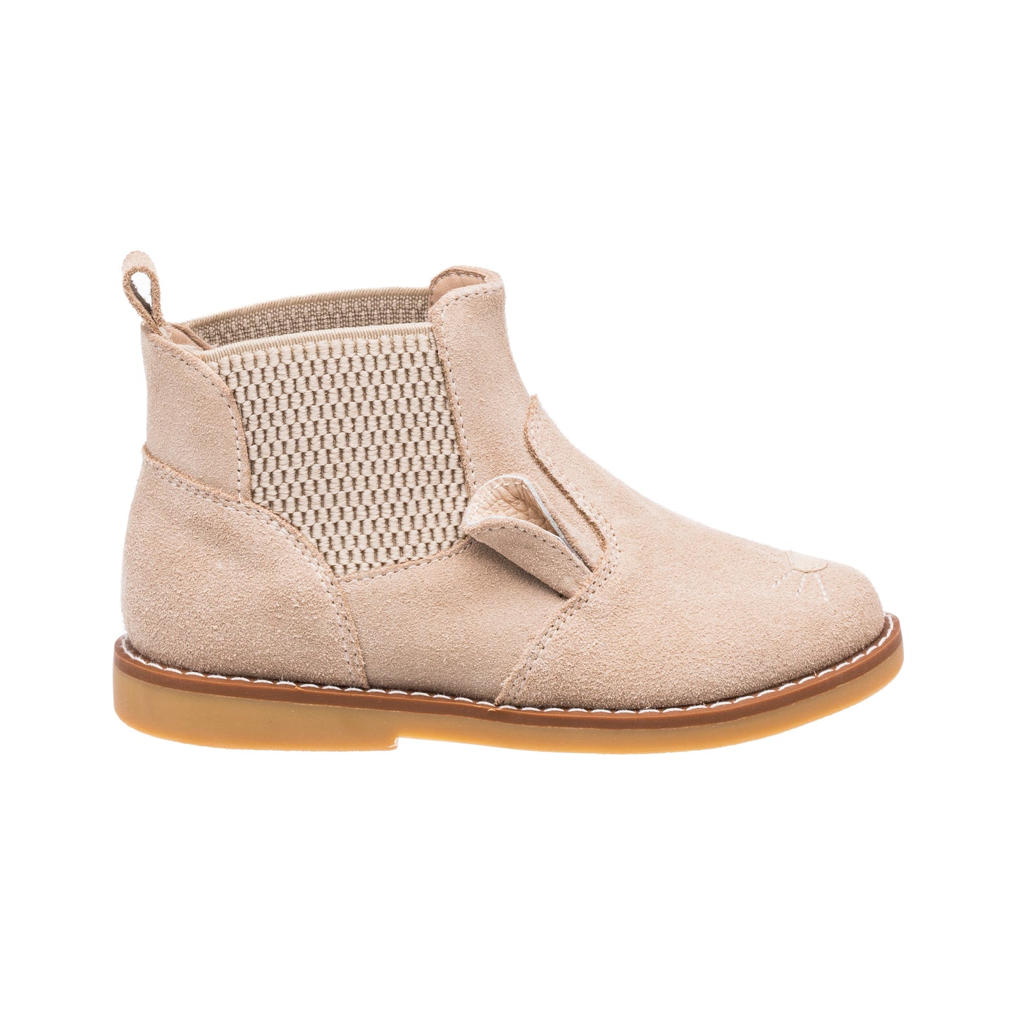 Beige suede toddler Chelsea boot with pull tab and elastic side panels featuring a small bow detail.