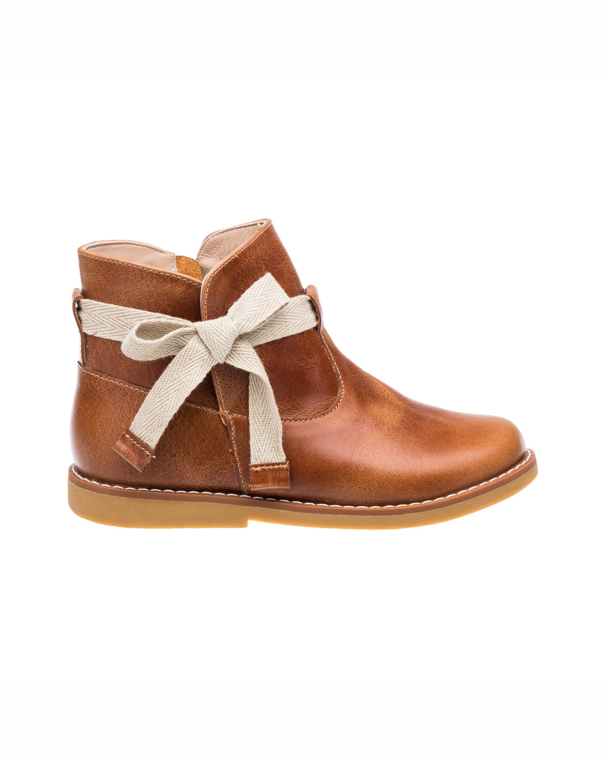 Brown leather toddler bootie with beige decorative bow and tan rubber sole.