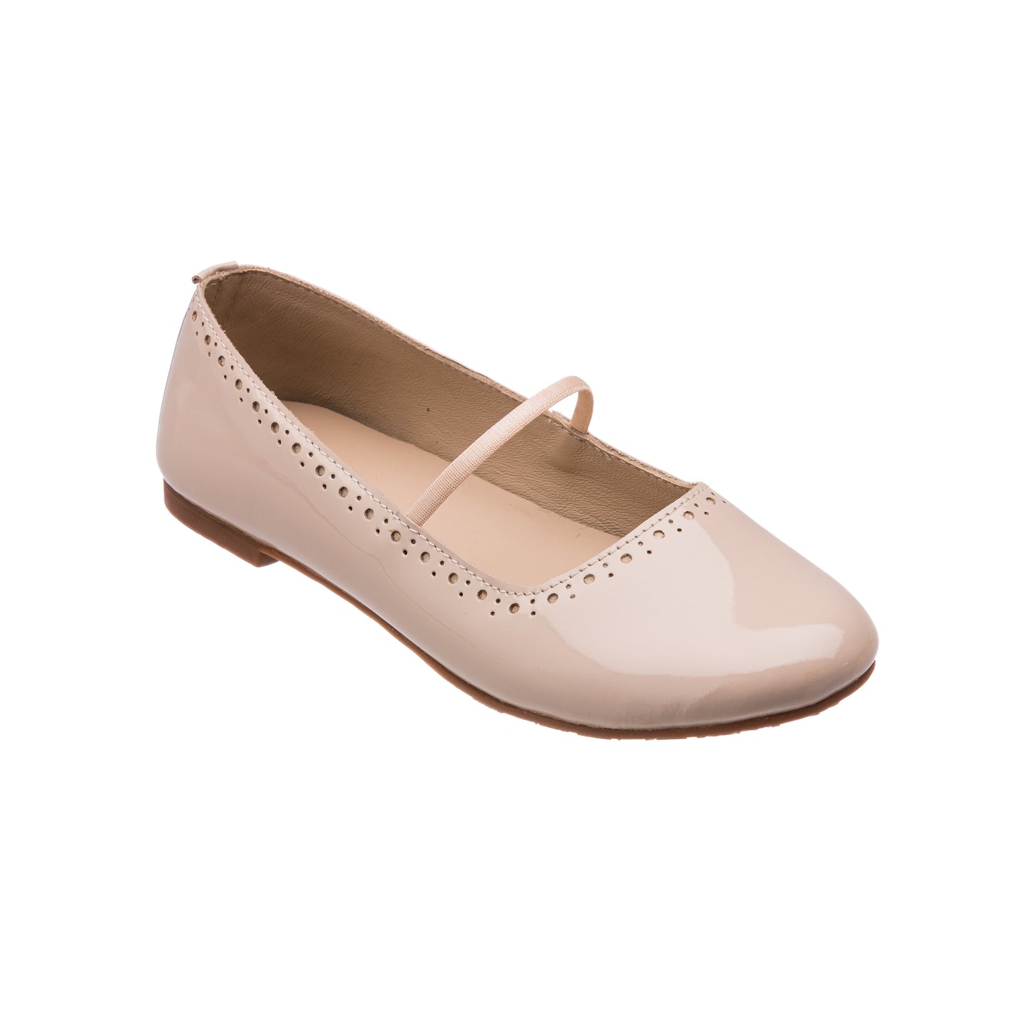 Blush patent leather ballerina flat with scalloped edge and thin strap across top.