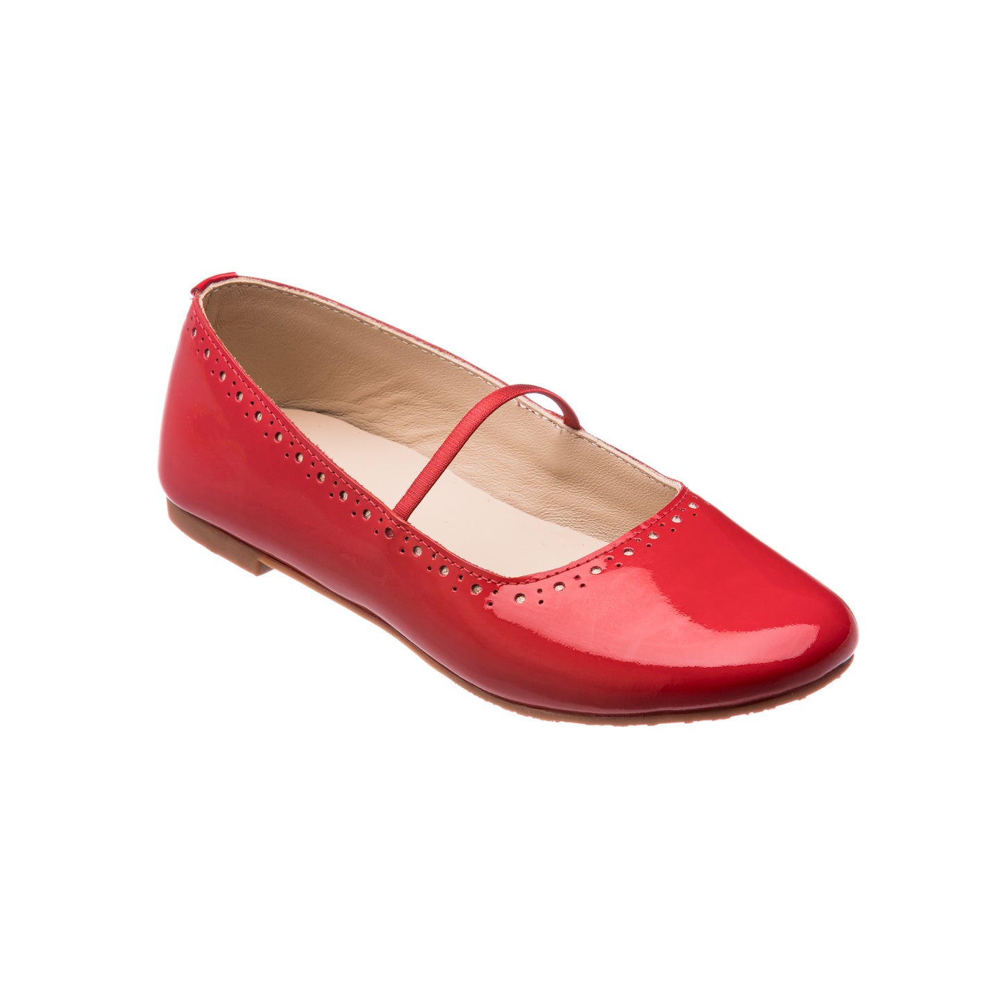 Glossy red ballerina flat with a thin strap and subtle perforated details on the edge.