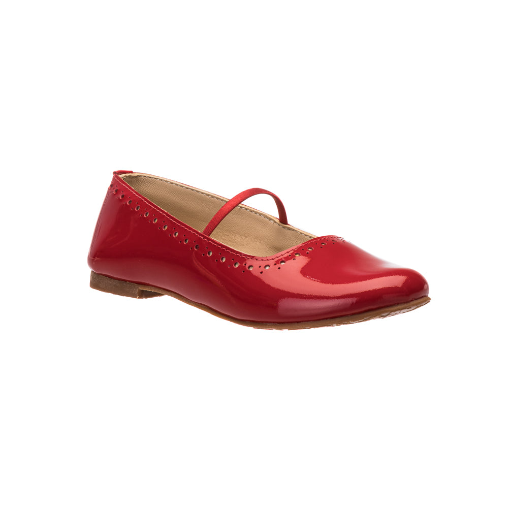 Glossy red ballerina flat with thin strap and small decorative perforations along edges.