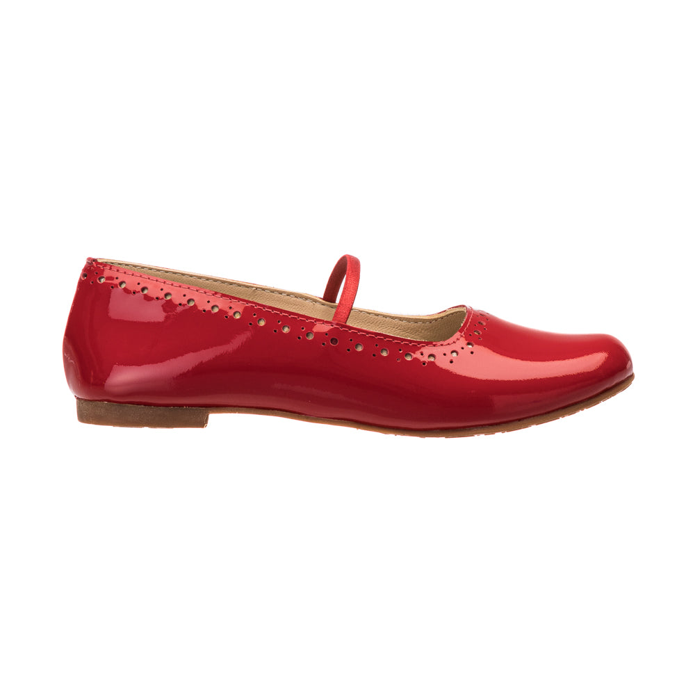 Red patent leather ballerina flat with a single strap and perforated detailing along the edge.