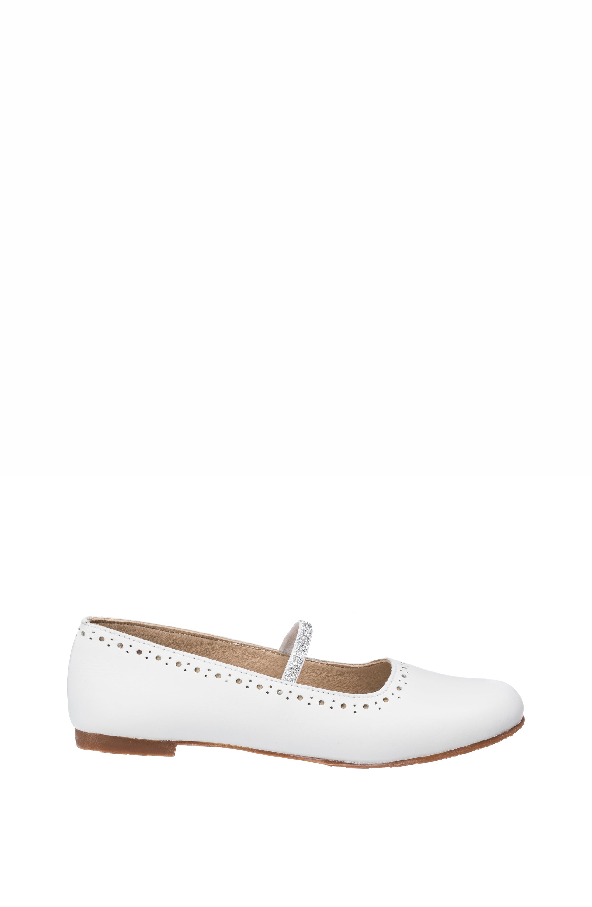 White leather ballerina flat for girls with perforated trim and thin strap closure.