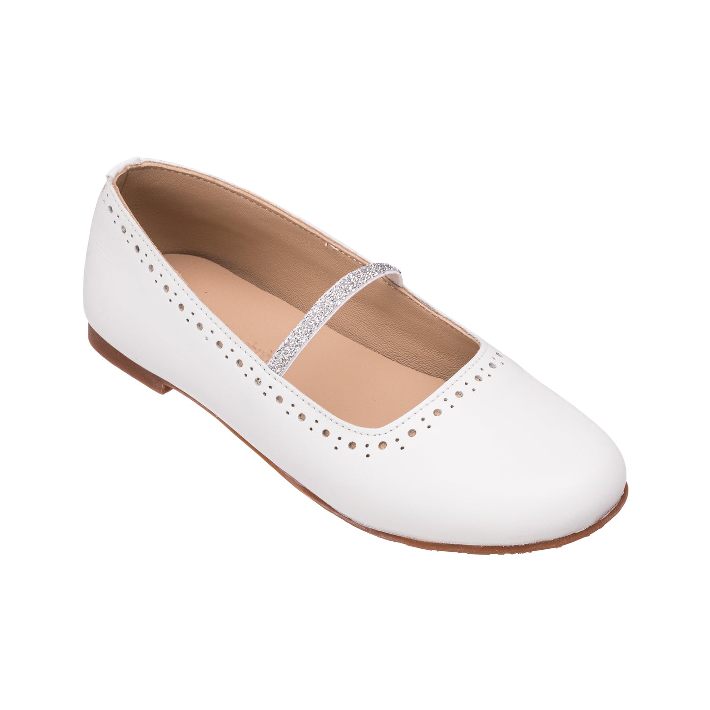 White leather ballerina flat for girls with perforated edge detail and sparkly elastic strap.