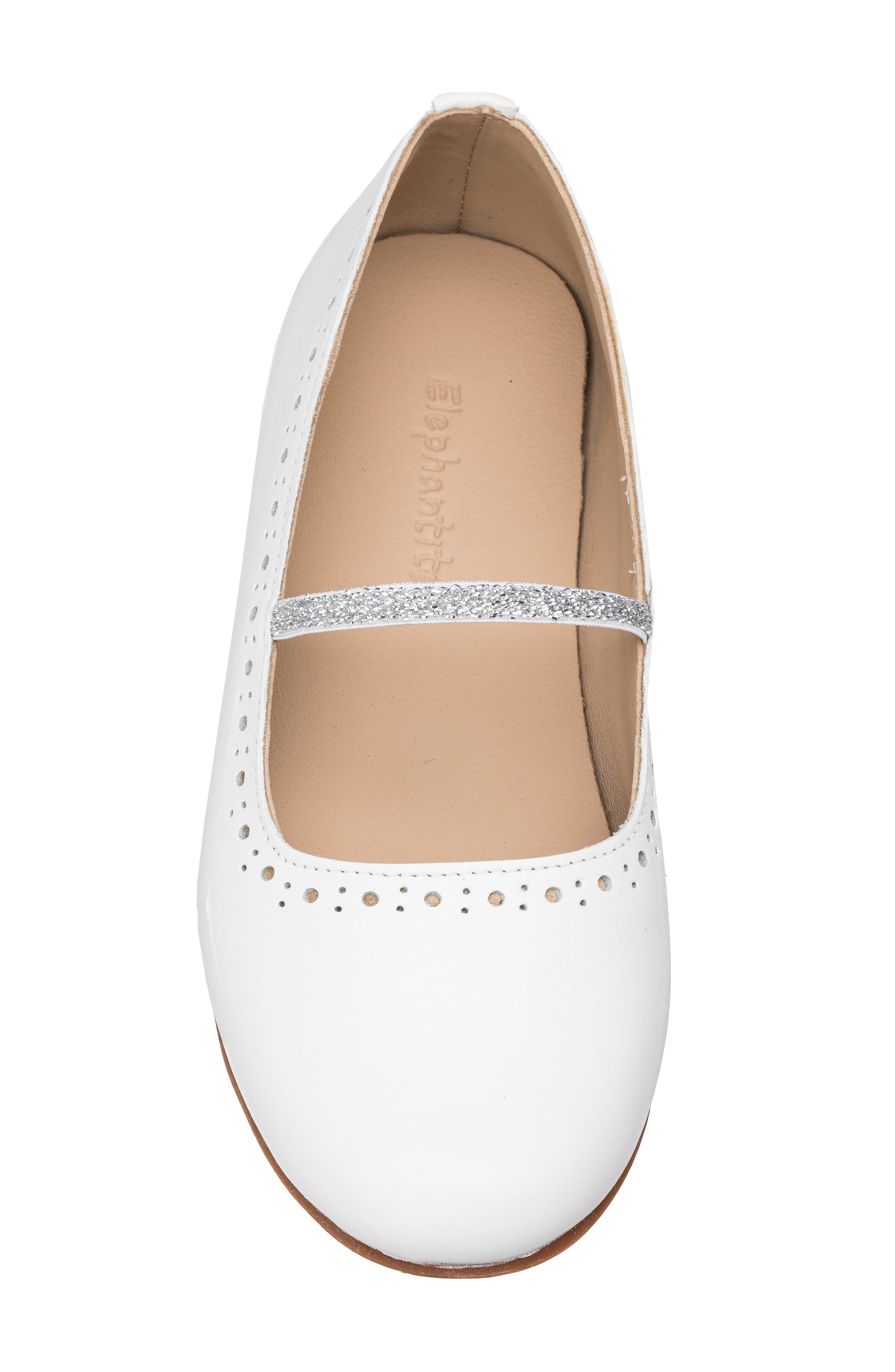 White leather ballerina flat with perforated floral details and a glittery elastic strap.