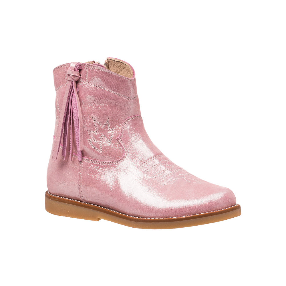 Metallic pink suede toddler boot with side tassel and stitched floral design, tan sole.