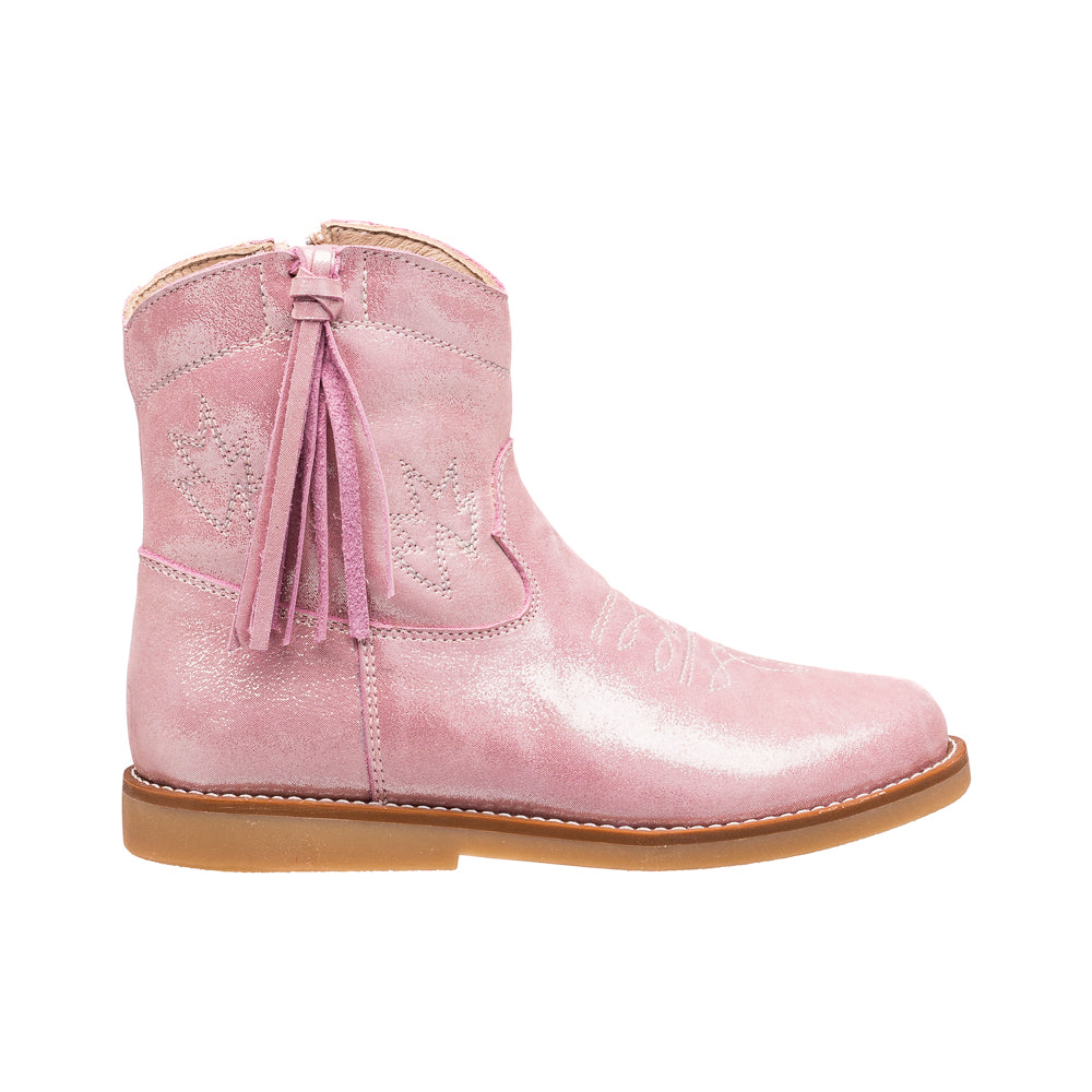 Metallic pink suede toddler boot with side tassel and stitched star detail on tan sole.