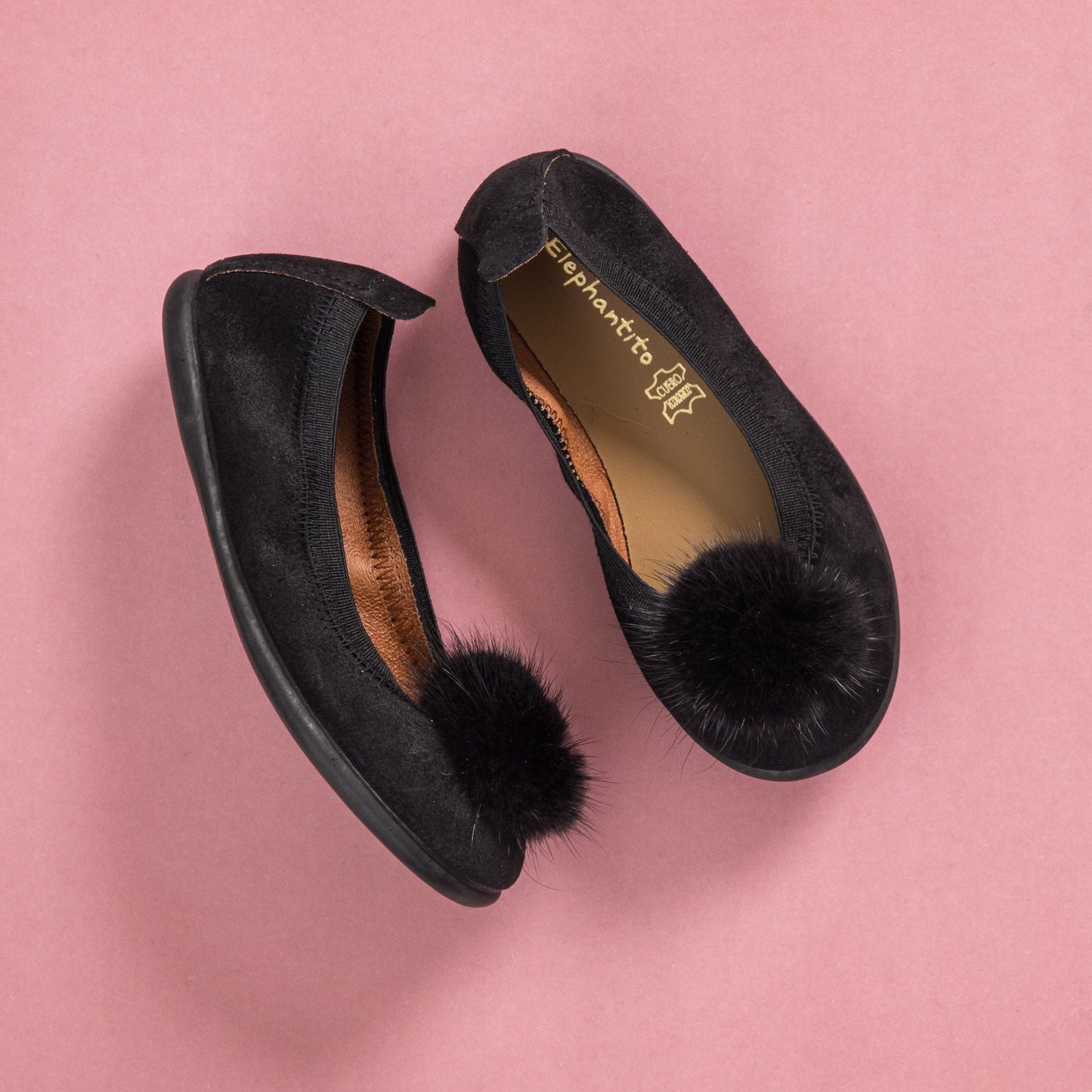 Black suede ballerina flats with fluffy pom pom on toe, soft leather lining, toddler size.