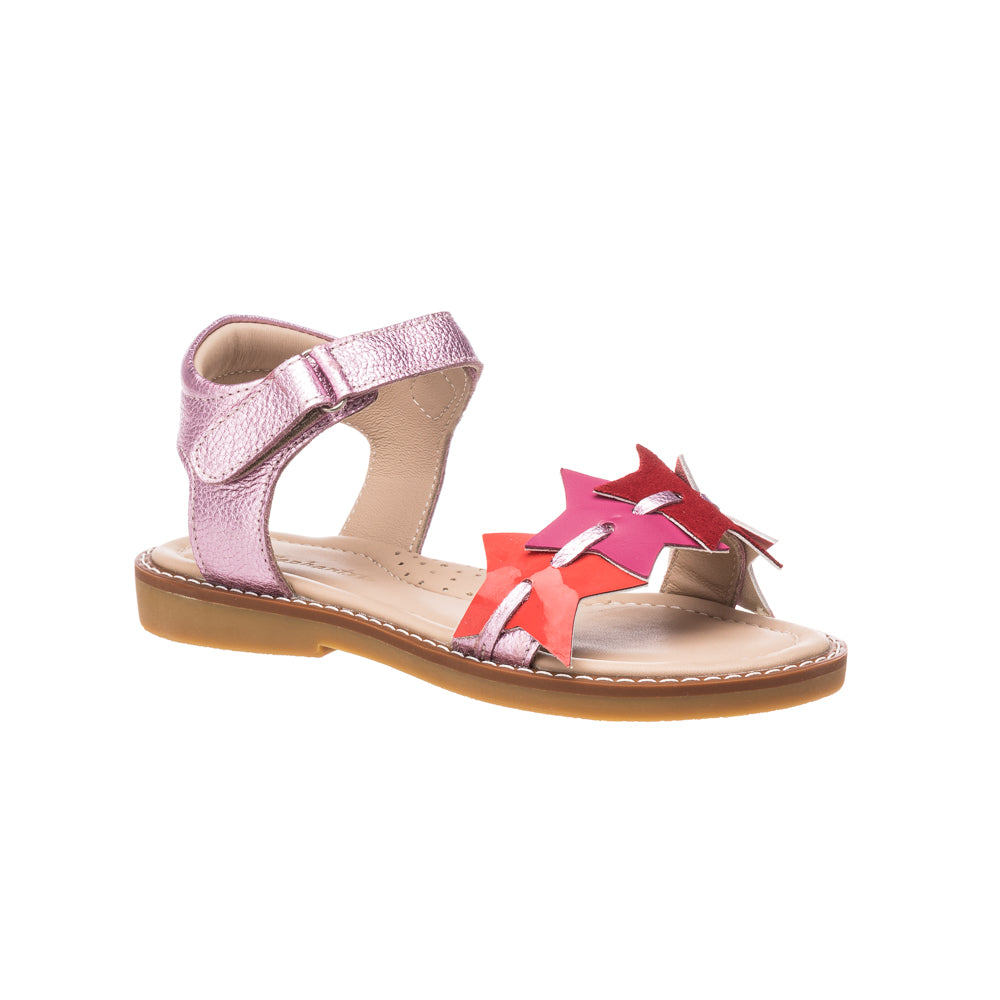 Fuchsia girls sandal with metallic ankle strap and layered star appliques on tan sole.