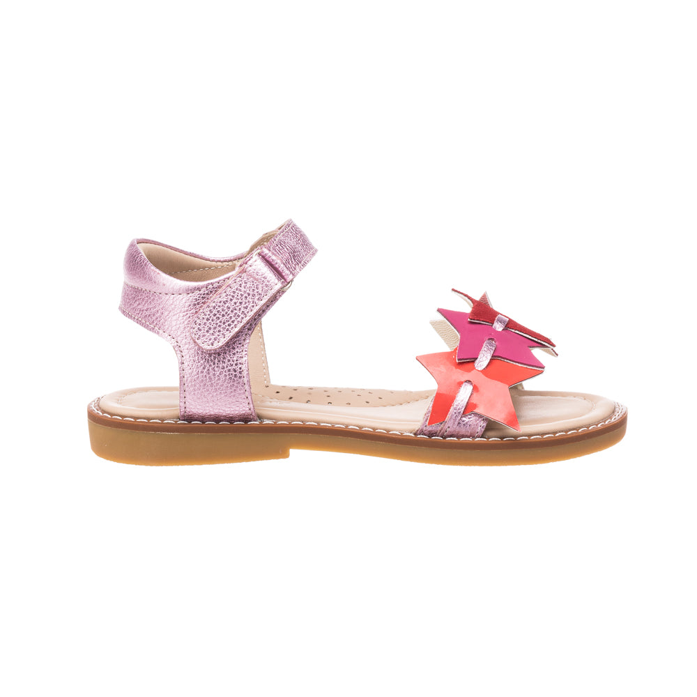Pink metallic girls' sandal with adjustable ankle strap and star-shaped front decorations.