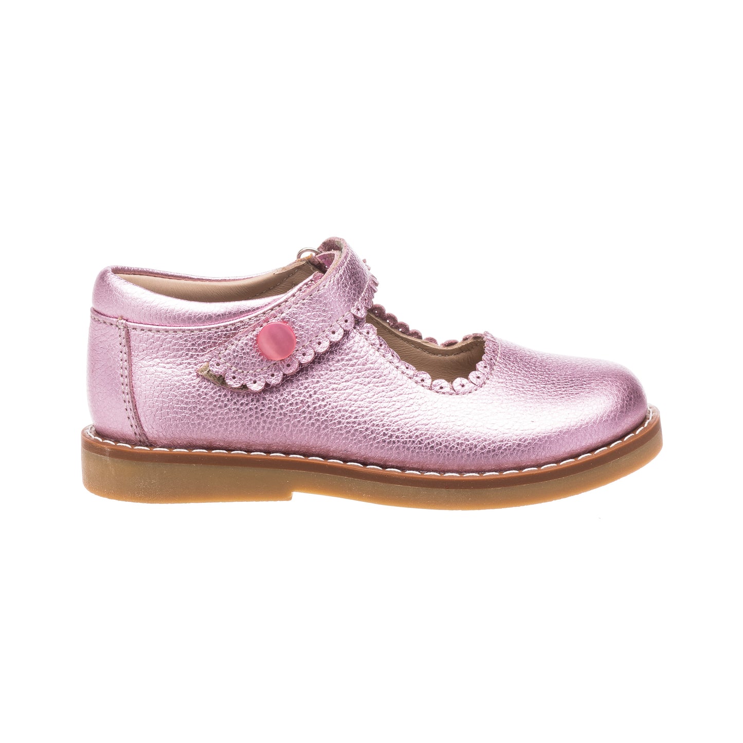 Shiny carnation pink leather Mary Jane shoe with scalloped edge strap and tan sole.