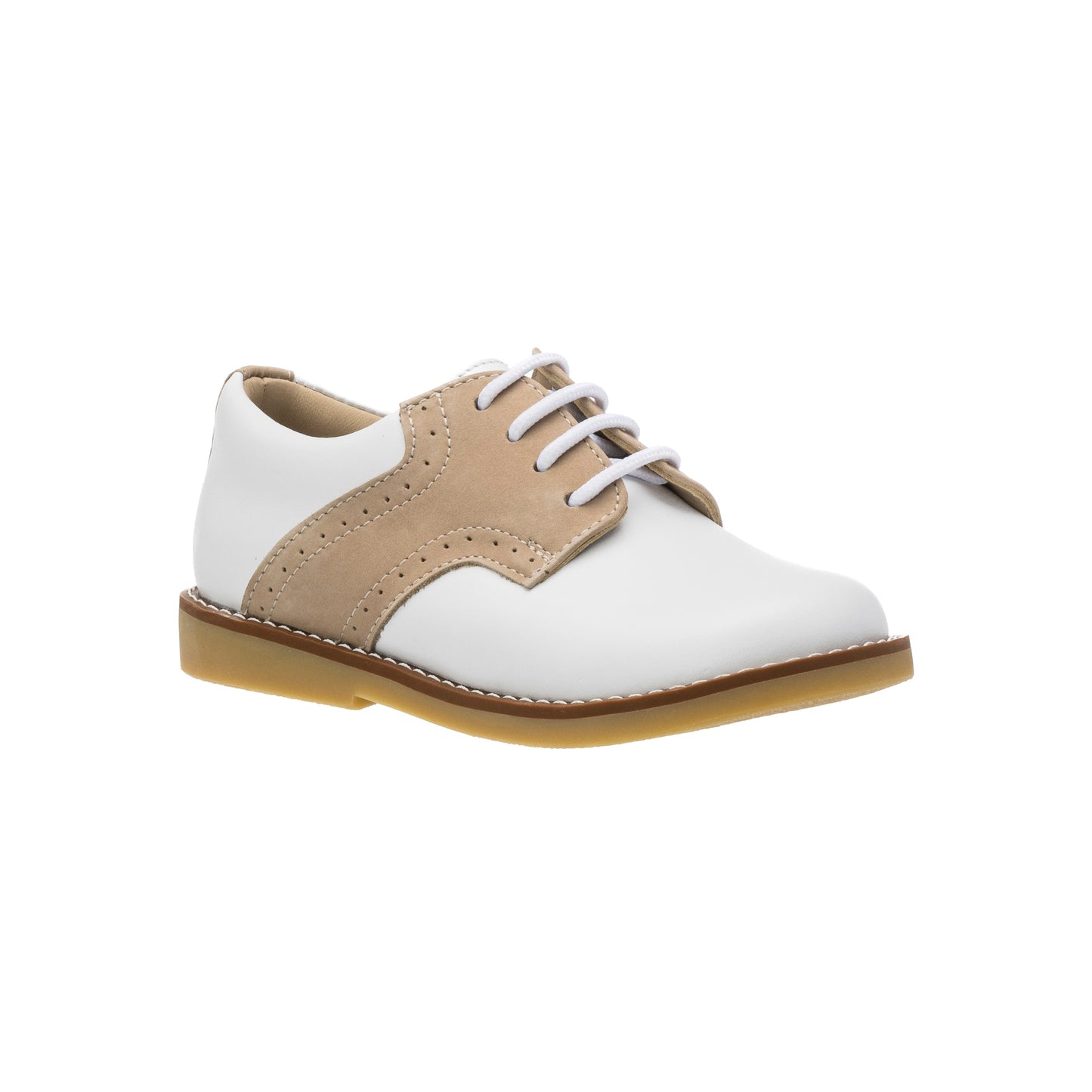 White and ivory toddler shoe with beige brogue detailing and white laces on a gum sole.