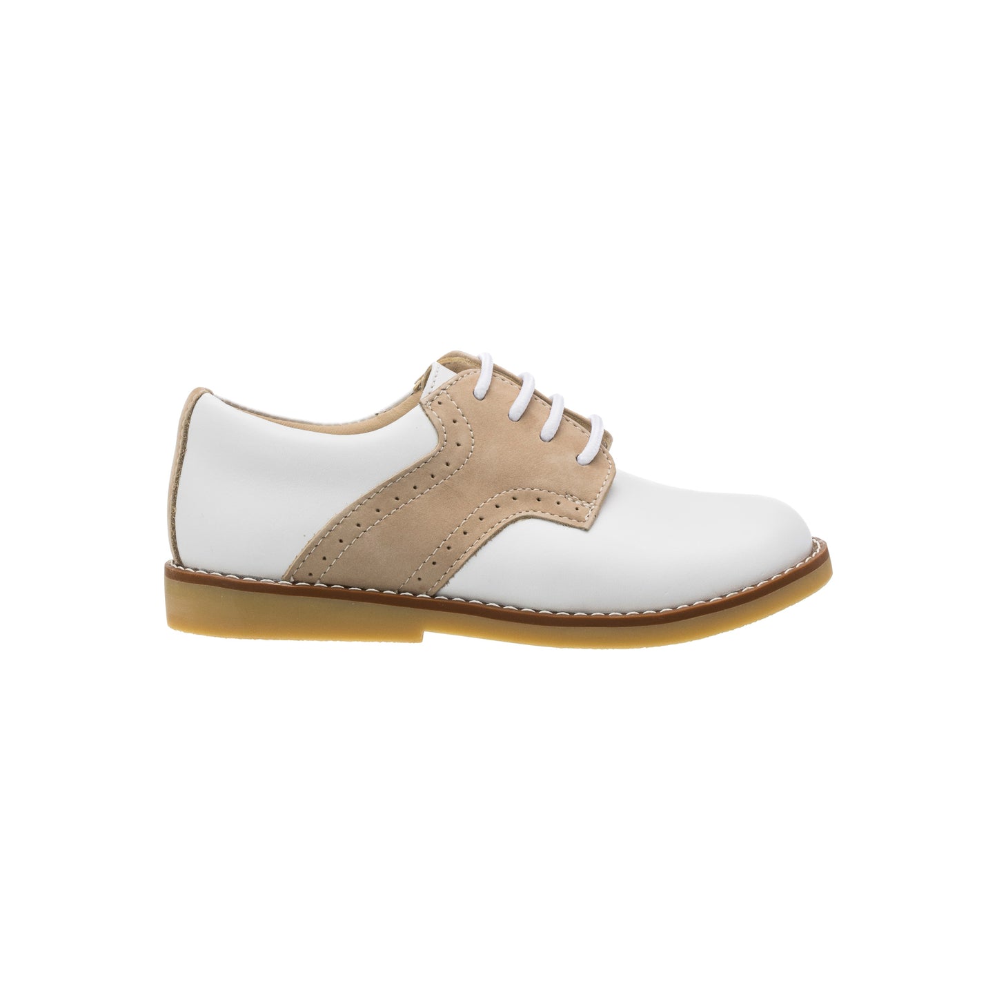 White and ivory children's leather oxford shoe with beige perforated detailing and gum sole.