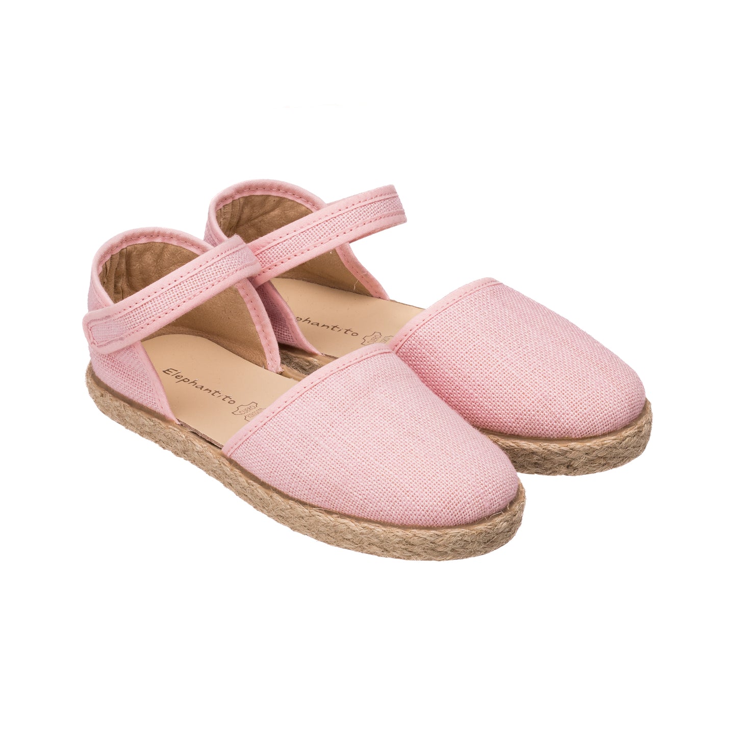 Pink linen espadrille with ankle strap and jute sole for toddlers and kids.