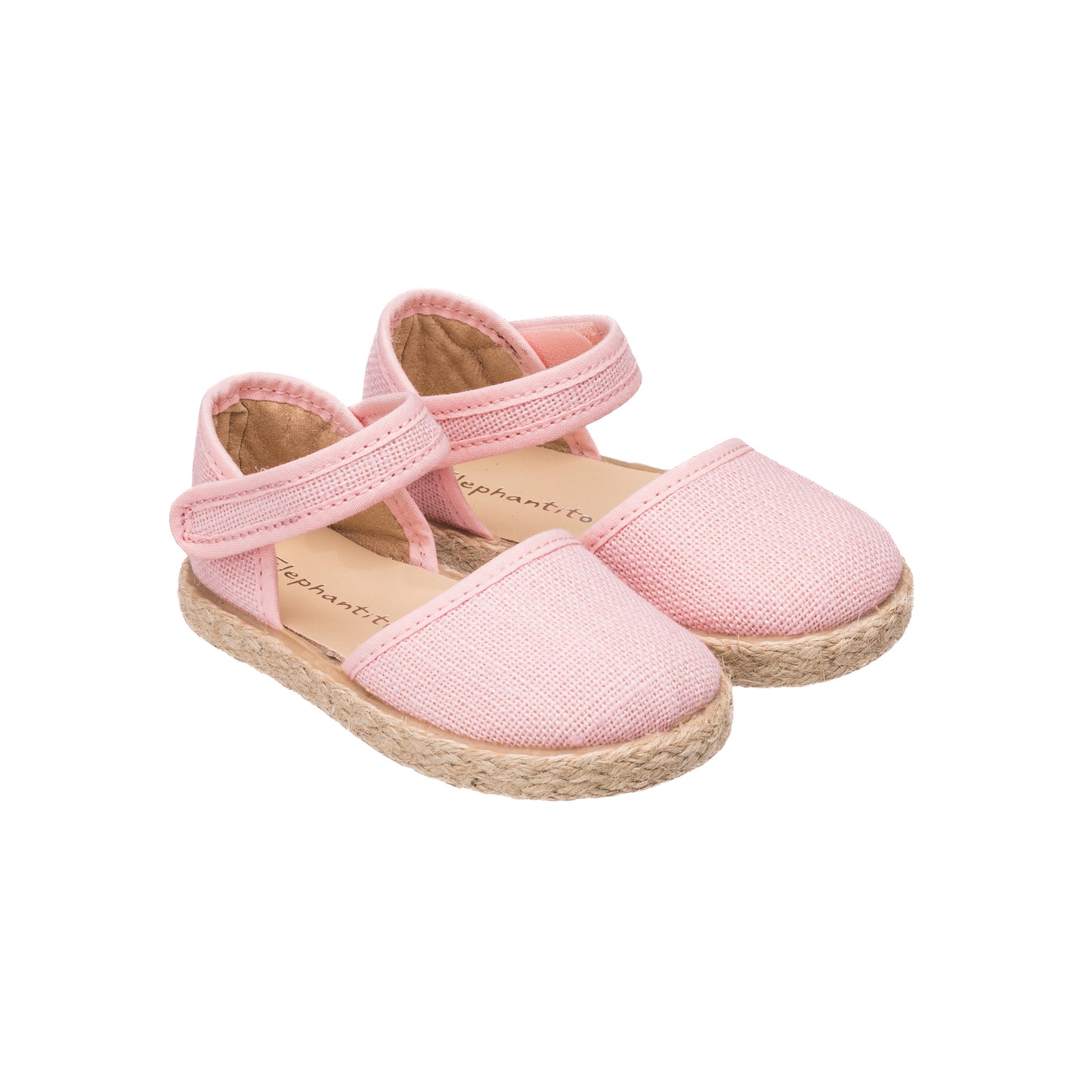 Pink linen espadrille girls sandals with ankle strap and braided jute sole.