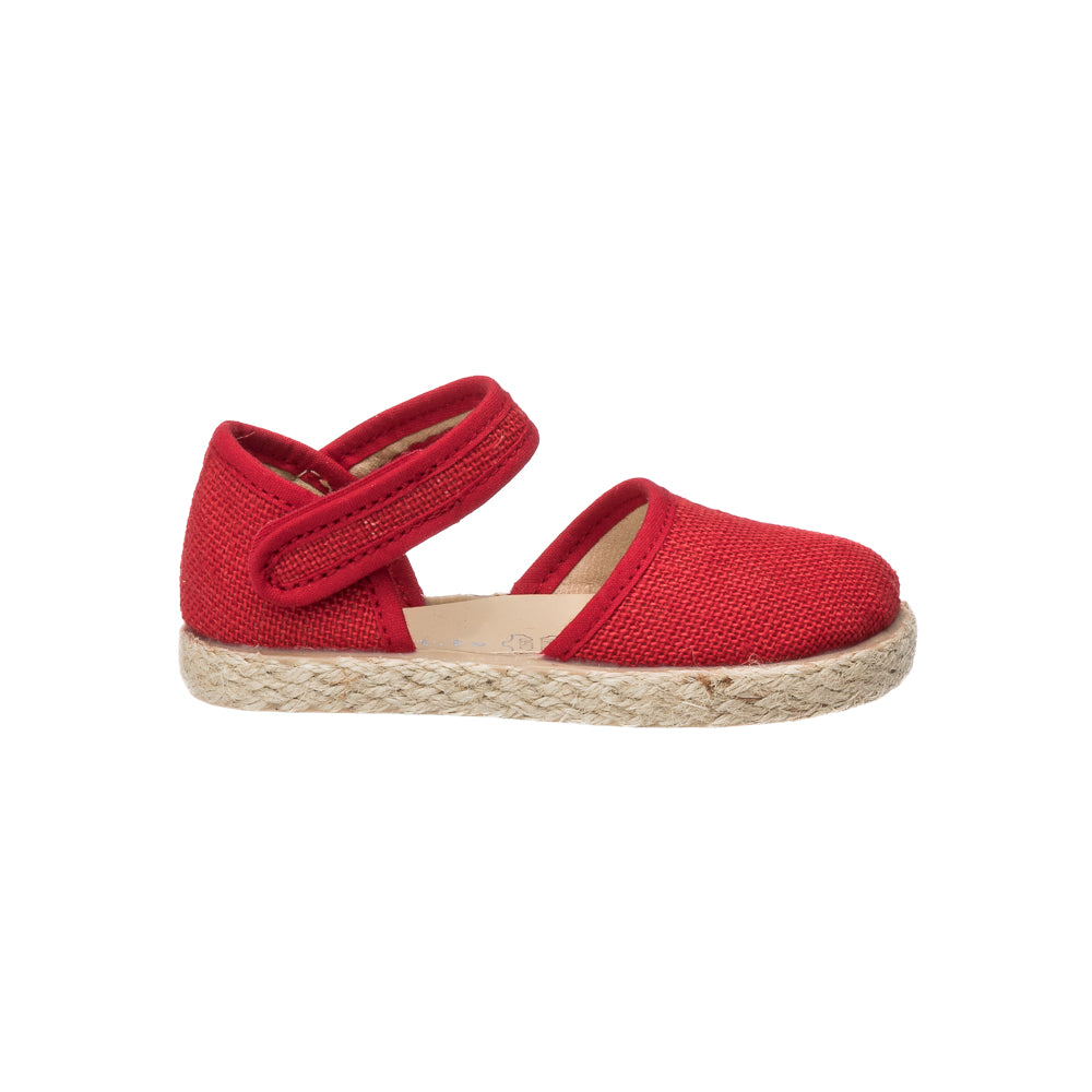 Red linen espadrille sandal with adjustable ankle strap and braided jute sole for kids.