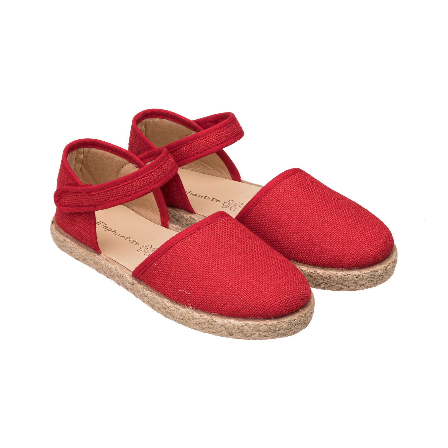 Red linen espadrille sandals with ankle straps and jute-wrapped soles for children.