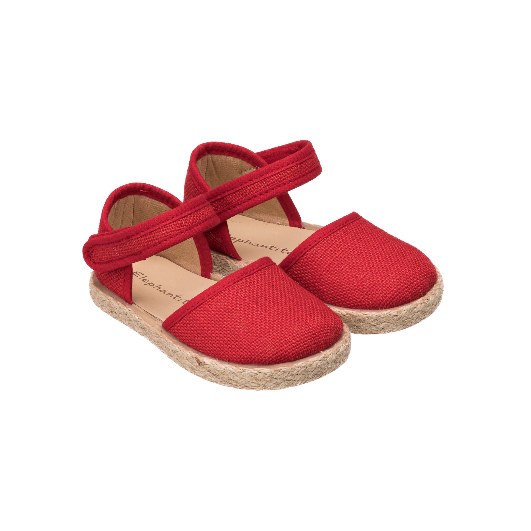 Red linen espadrille sandals for toddlers with adjustable ankle strap and jute sole.