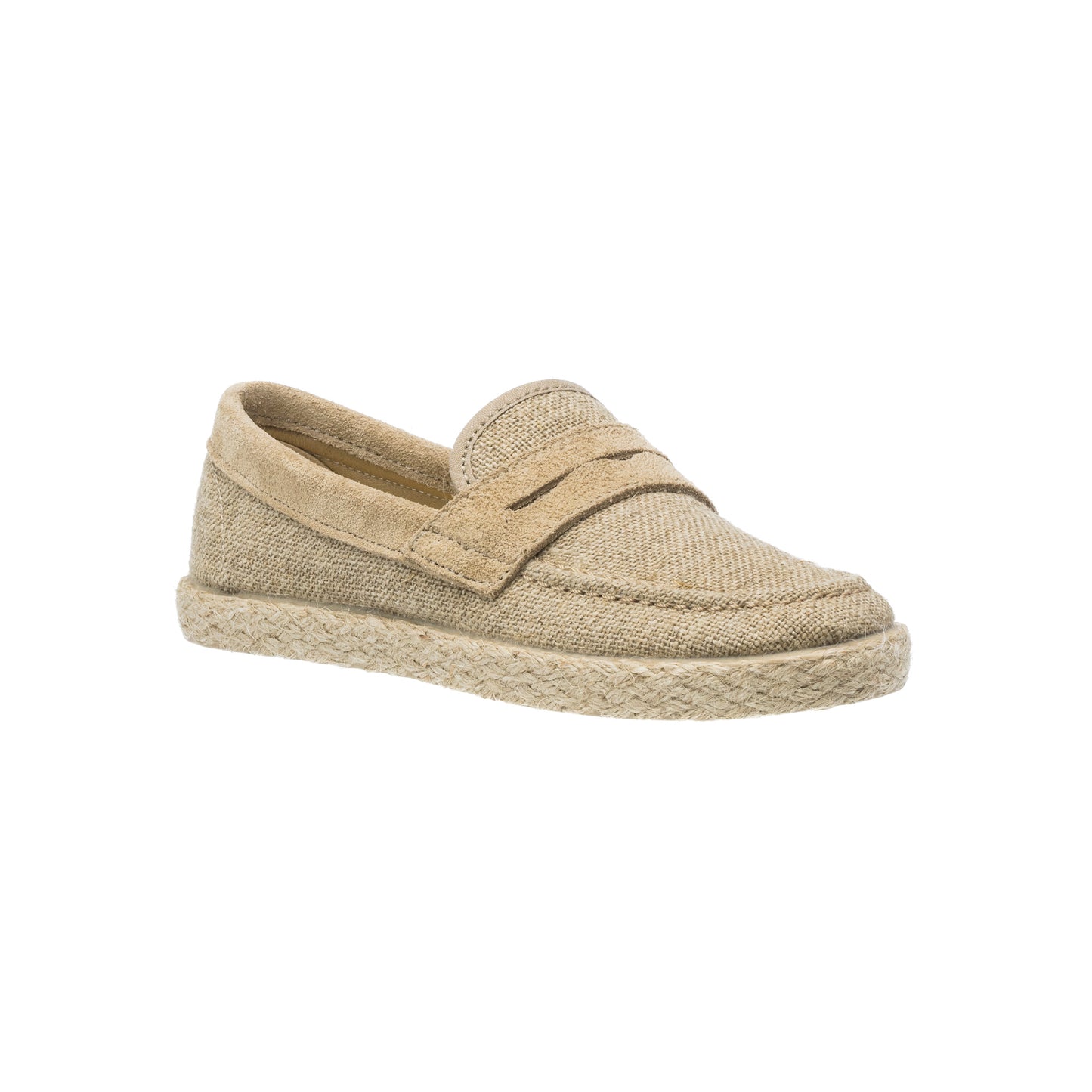 Beige toddler loafer espadrille with woven jute sole and fabric upper.