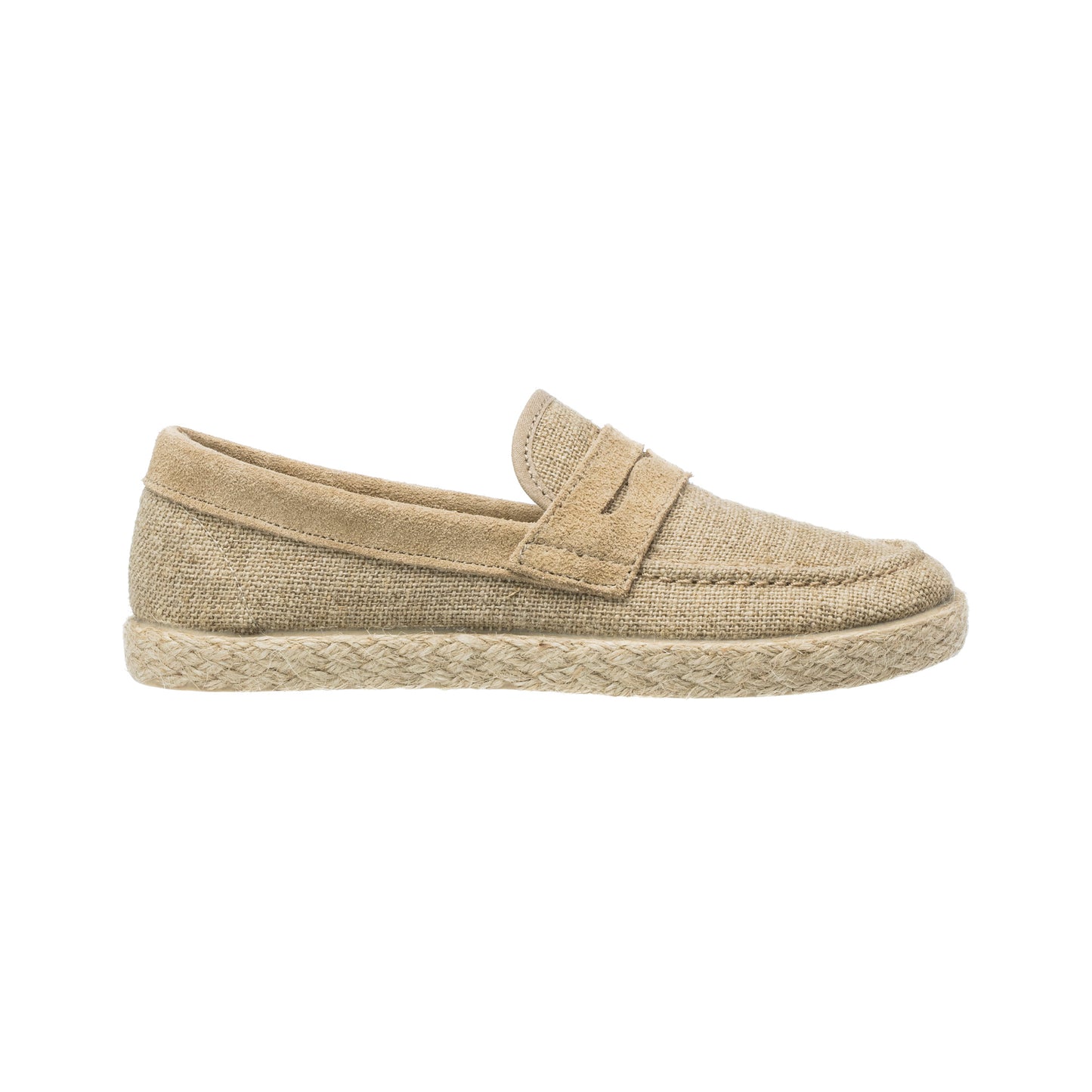 Beige linen toddler loafer espadrille with braided jute sole and stitched detailing.