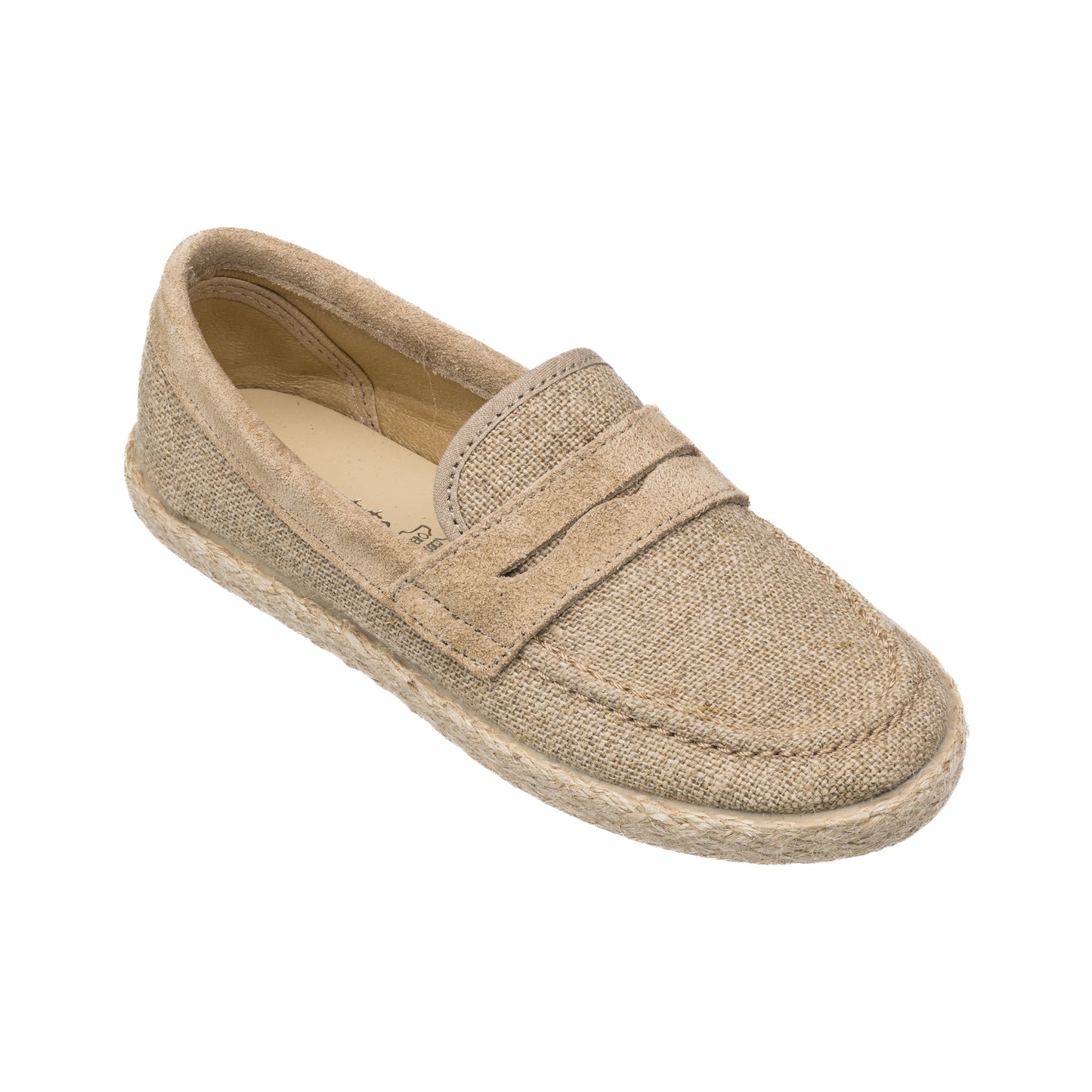 Beige toddler loafer espadrille with woven texture and stitched detailing.