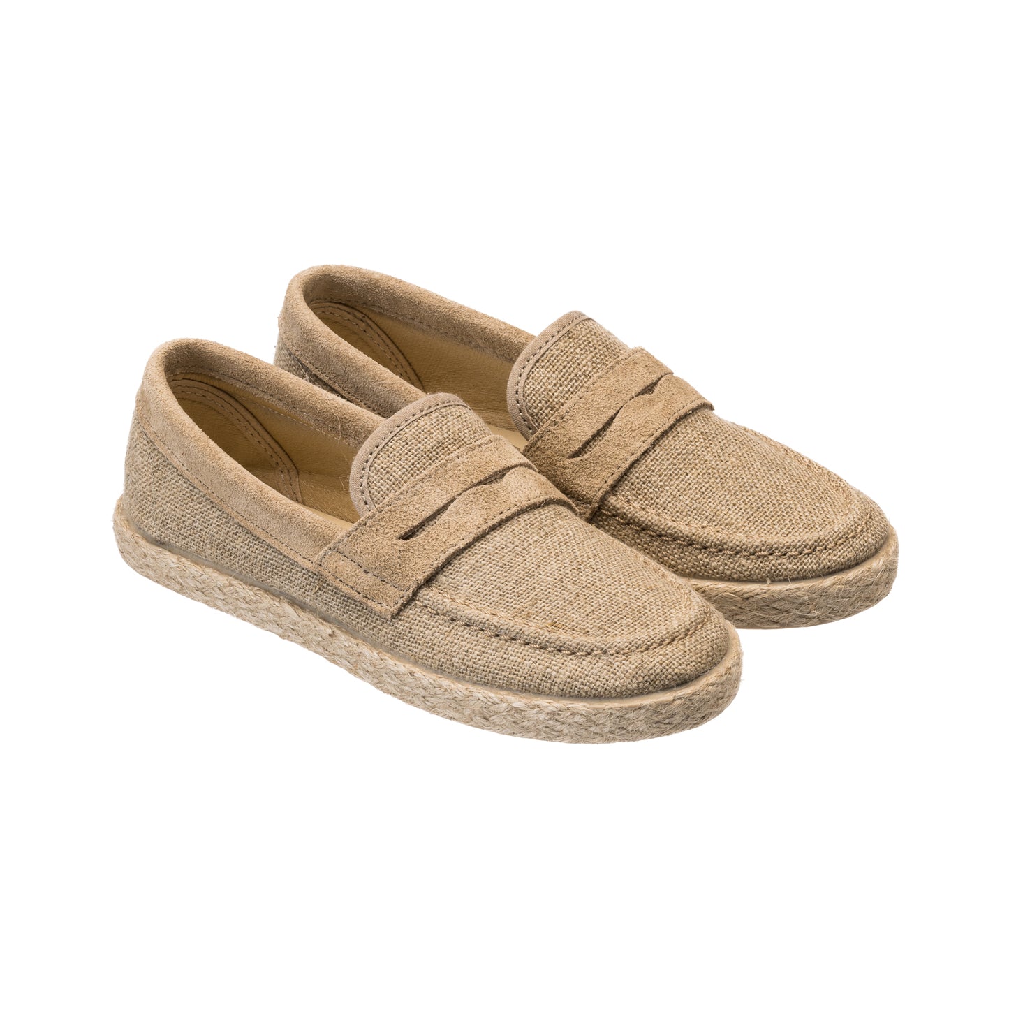 Beige loafer espadrilles for toddlers with woven jute soles and penny strap detail.