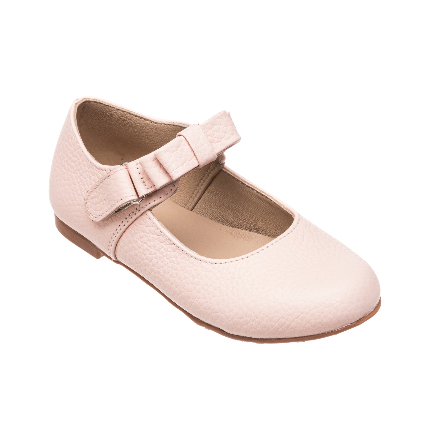 Pink textured leather Mary Jane shoe with a hook-and-loop strap and bow detail.