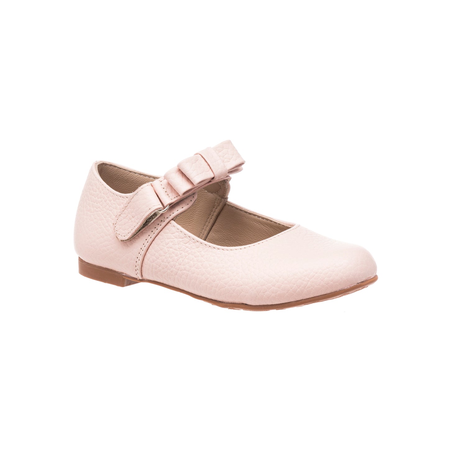 Pink textured leather Mary Jane with a bow-accented strap and flat sole for girls.