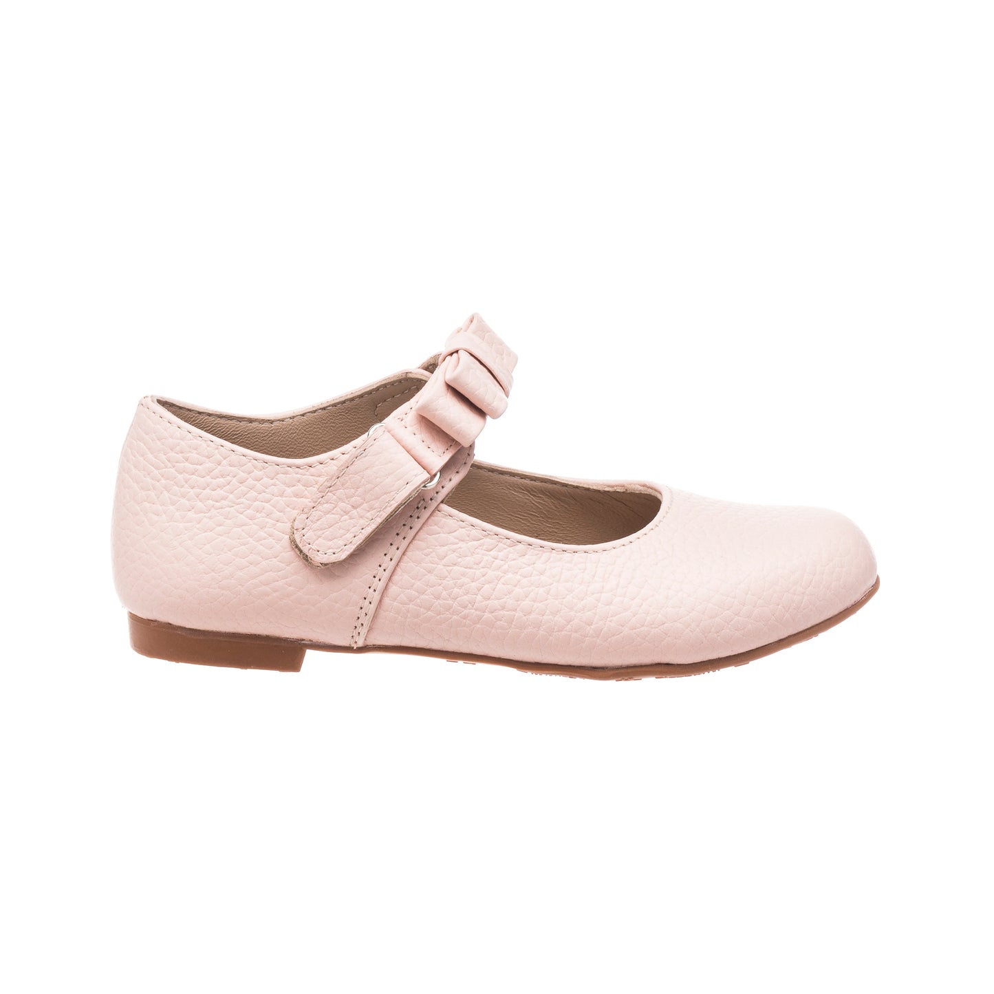 Pink textured leather Mary Jane shoe for girls with a hook-and-loop strap and flat sole.