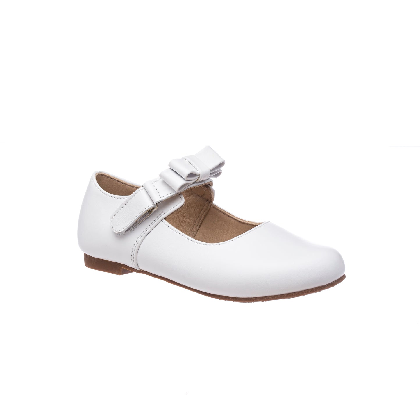 White leather girls Mary Jane shoe with a bow detail and a hook-and-loop strap closure.