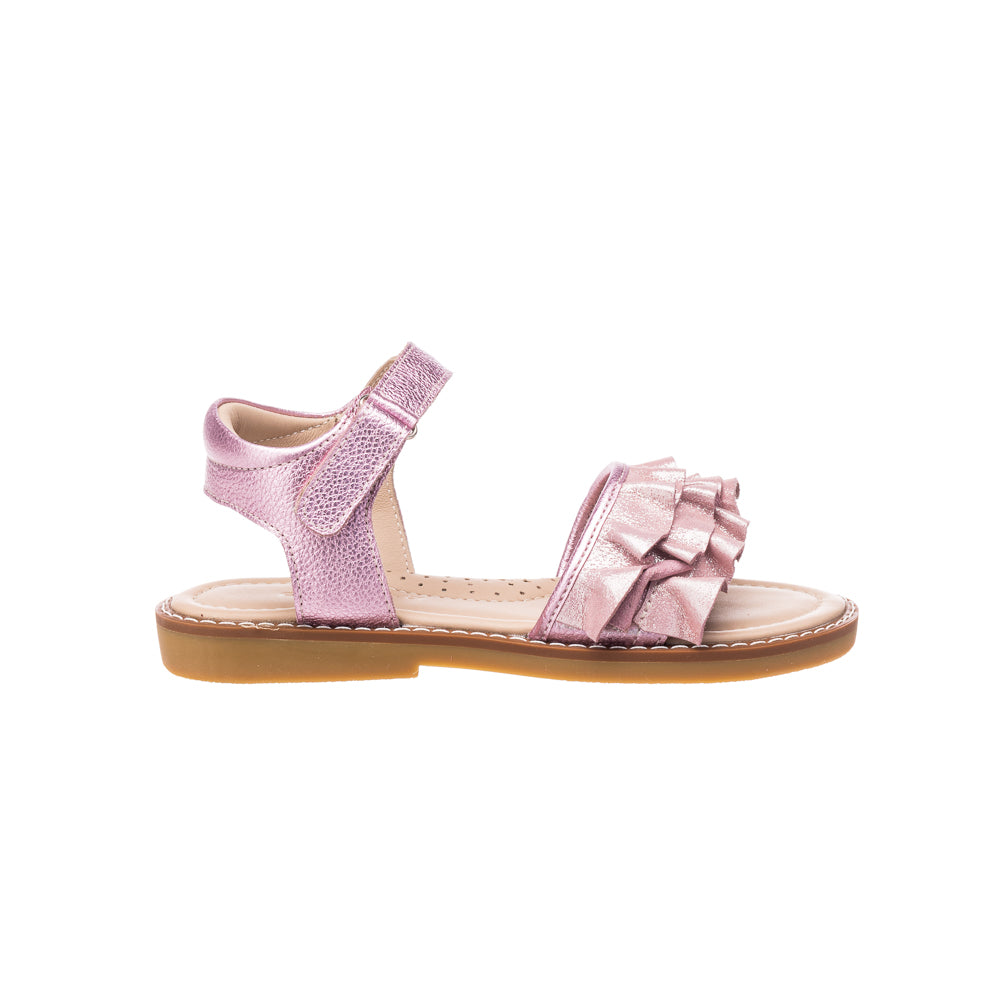 Carnation pink toddler sandal with ruffled front strap and velcro ankle closure.