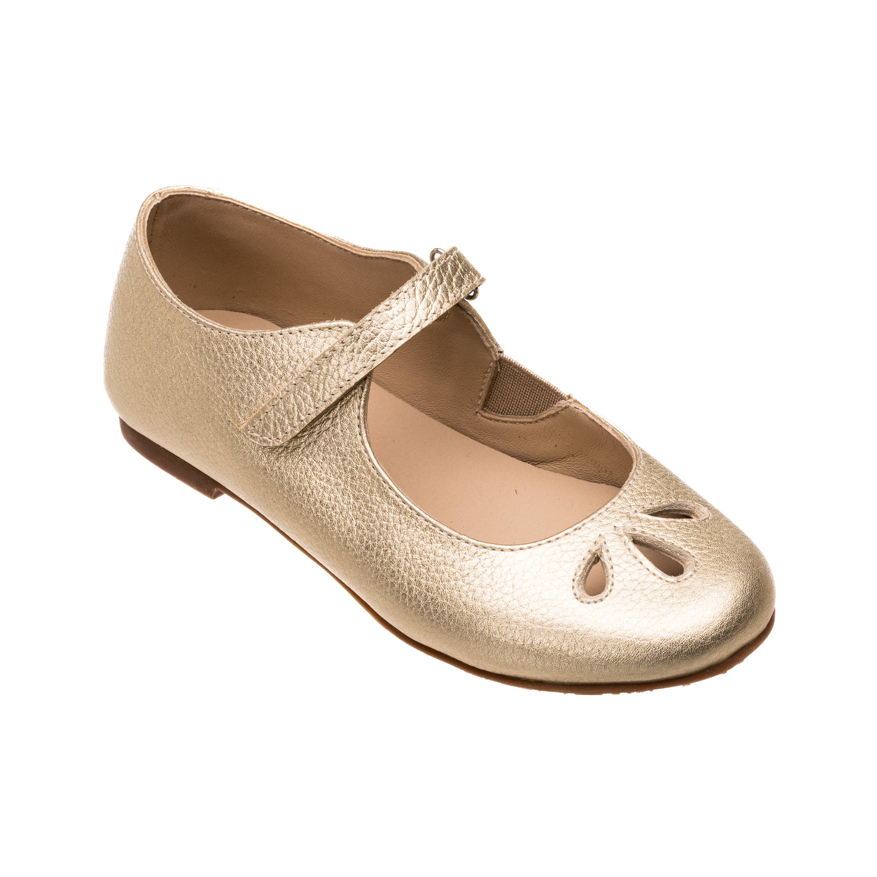 Gold metallic leather girls Mary Jane shoe with Velcro strap and teardrop cutout details.