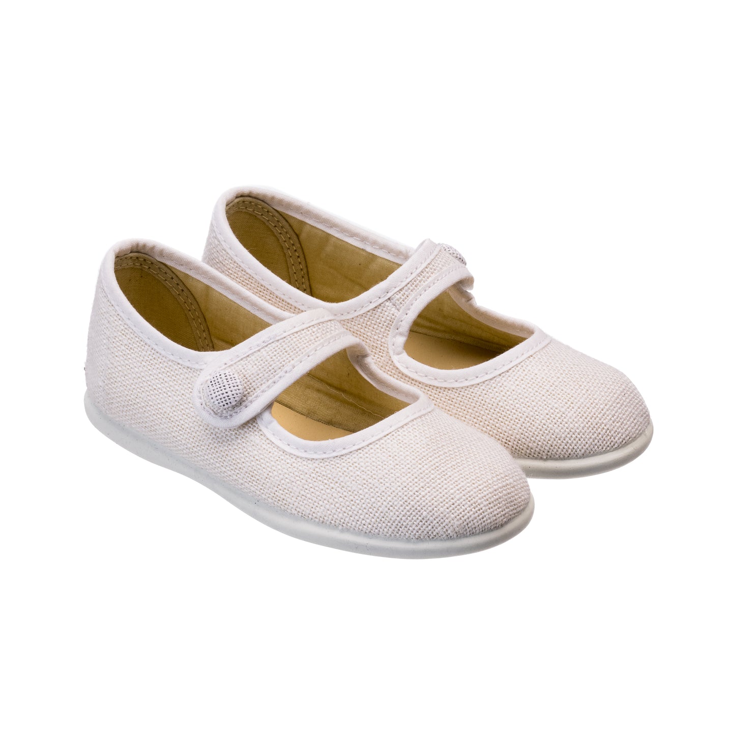 White linen Mary Jane toddler shoes with round toes and hook-and-loop strap closures.