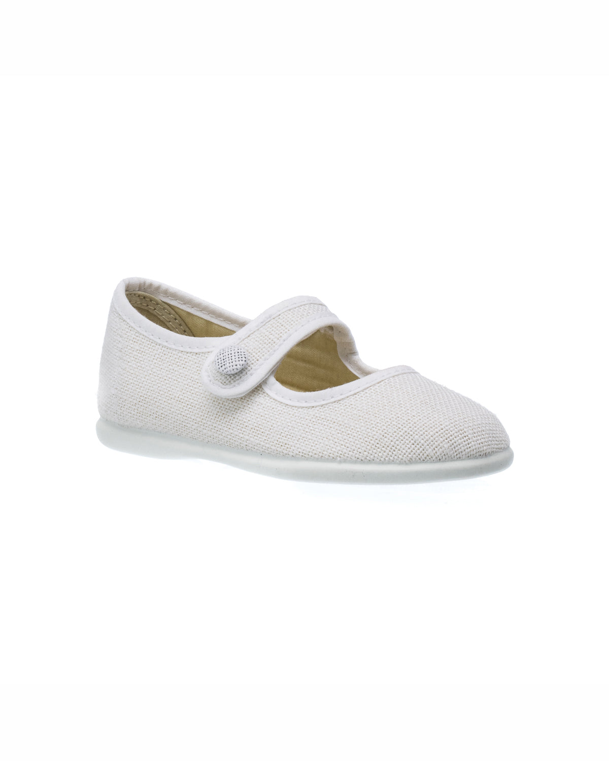 White linen Mary Jane shoe for toddlers with a single button strap and rounded toe.