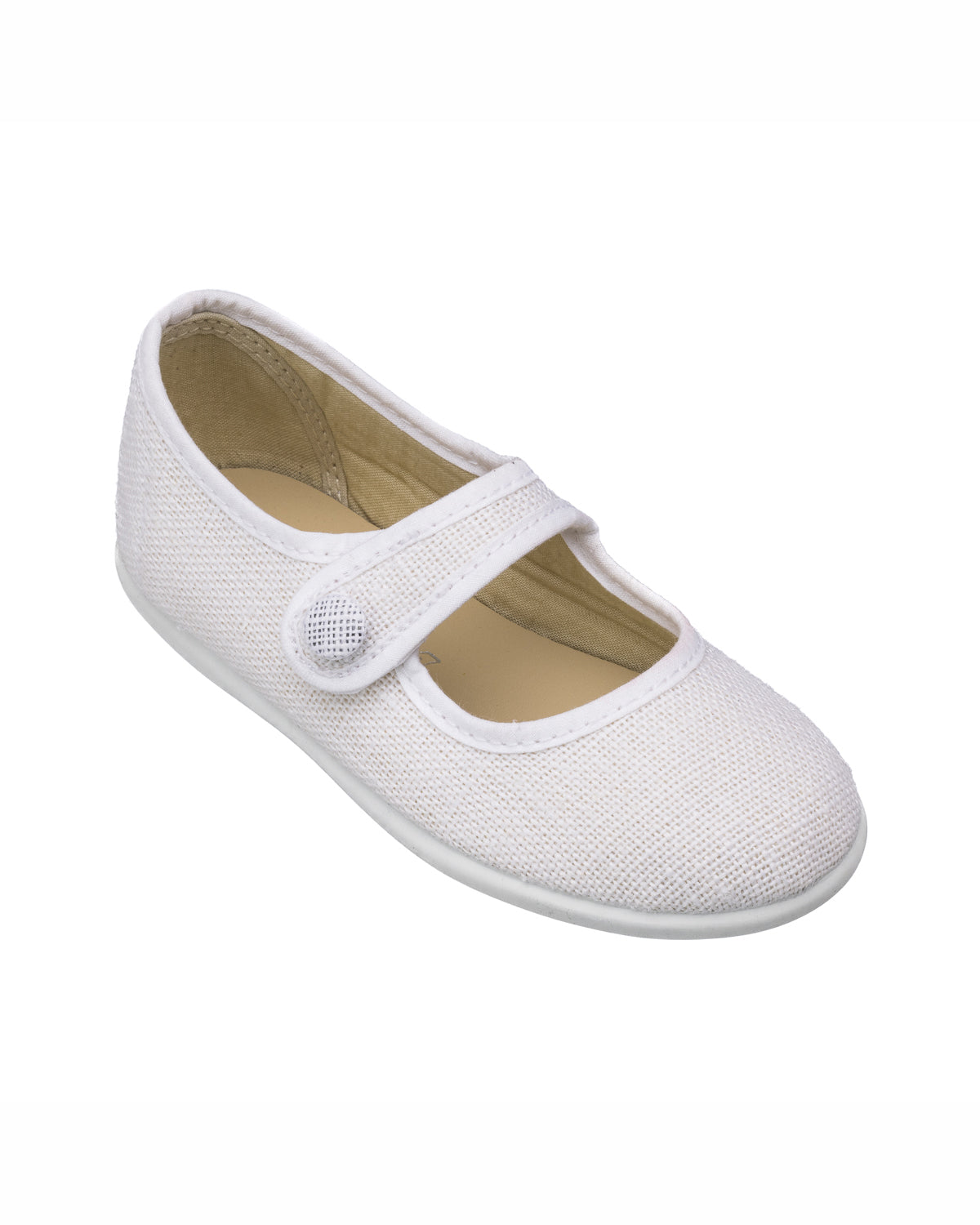 White linen Mary Jane toddler shoe with rounded toe and button strap closure.