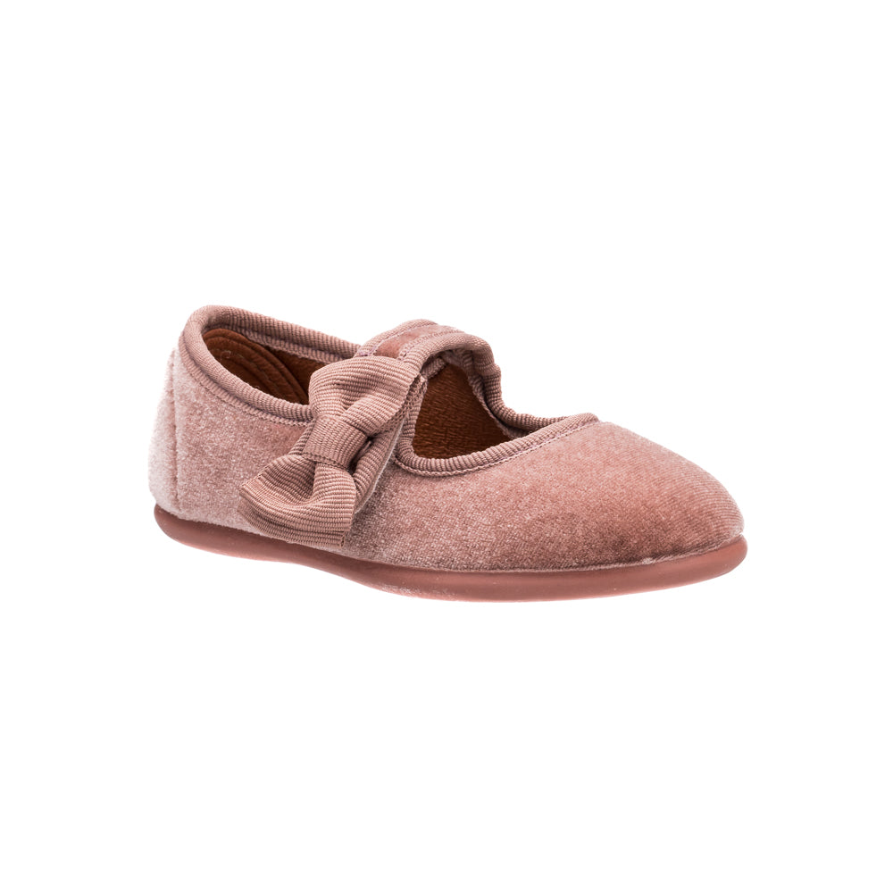 Soft pink velvet toddler Mary Jane shoe with decorative bow and rounded toe.