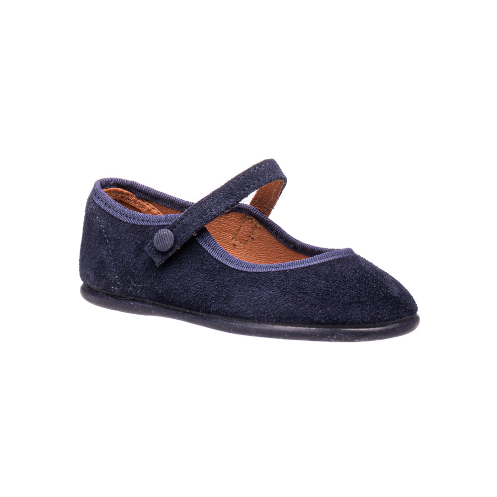 Navy blue suede Mary Jane shoe with rounded toe and single button strap for toddlers.