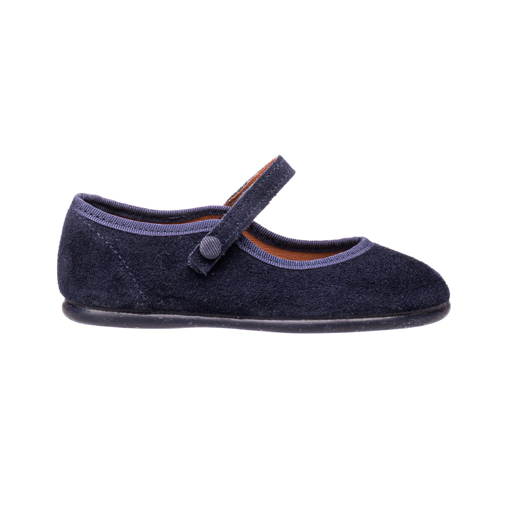 Navy blue suede Mary Jane with adjustable strap and round toe for toddlers and kids.