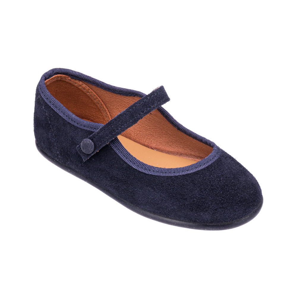 Navy blue suede toddler Mary Jane shoe with a single strap and button closure.