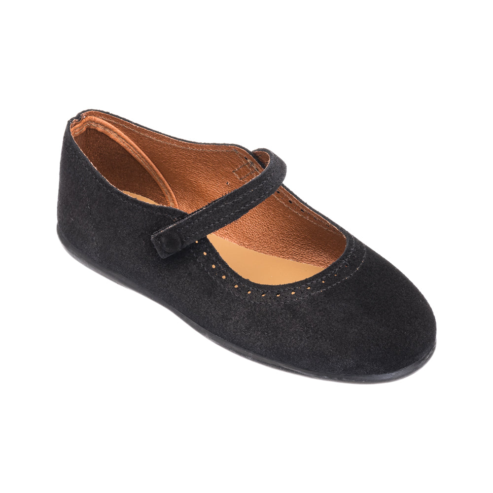Black suede Mary Jane shoe for toddlers with a hook-and-loop strap and perforated detailing around the toe.