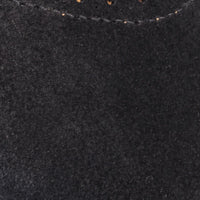 Close-up of black suede Mary Jane shoe with rounded toe and stitched detailing.