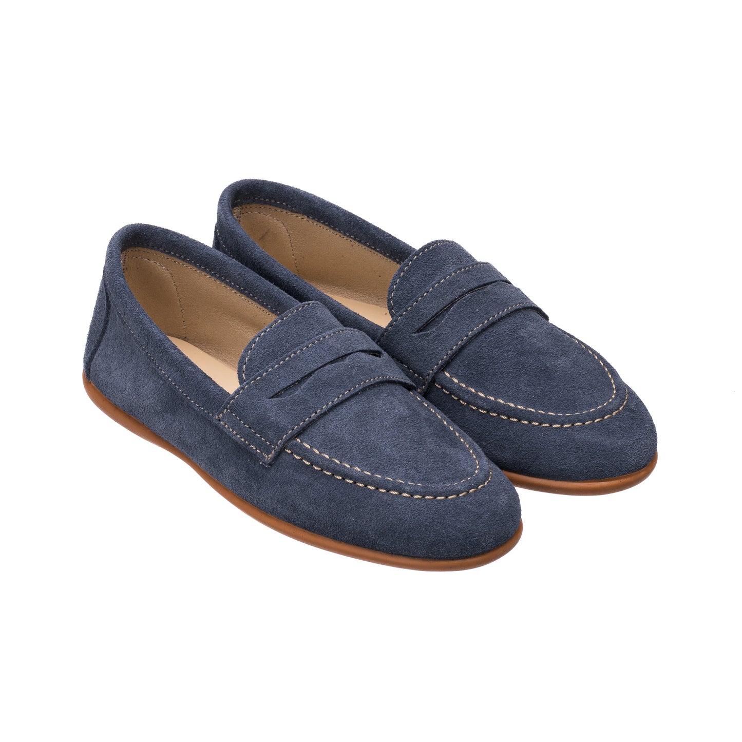 Navy blue suede penny loafers for children with contrast stitching and tan rubber soles.