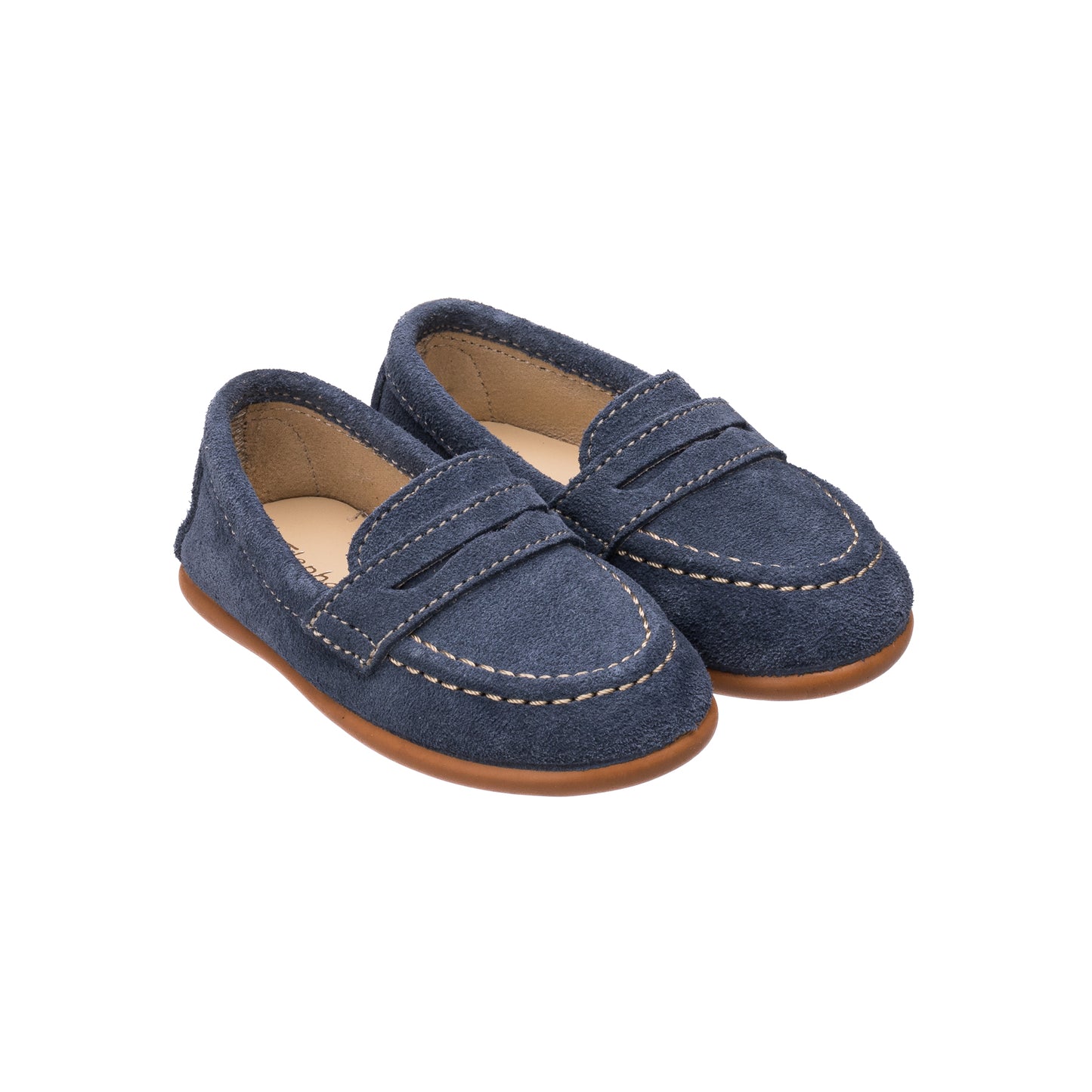 Navy blue suede penny loafers for toddlers with tan rubber soles and contrast white stitching.