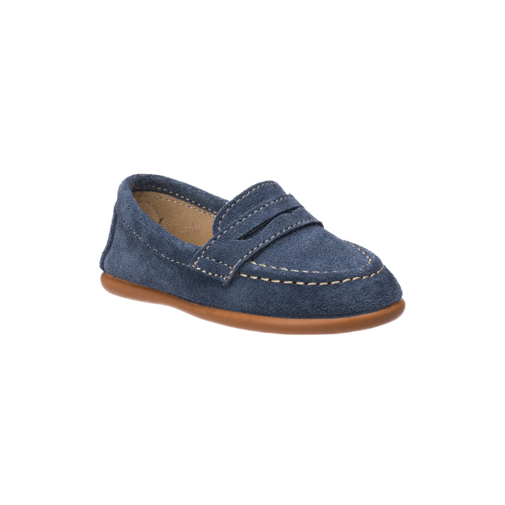 Navy blue suede toddler penny loafer with contrast stitching and light brown sole.