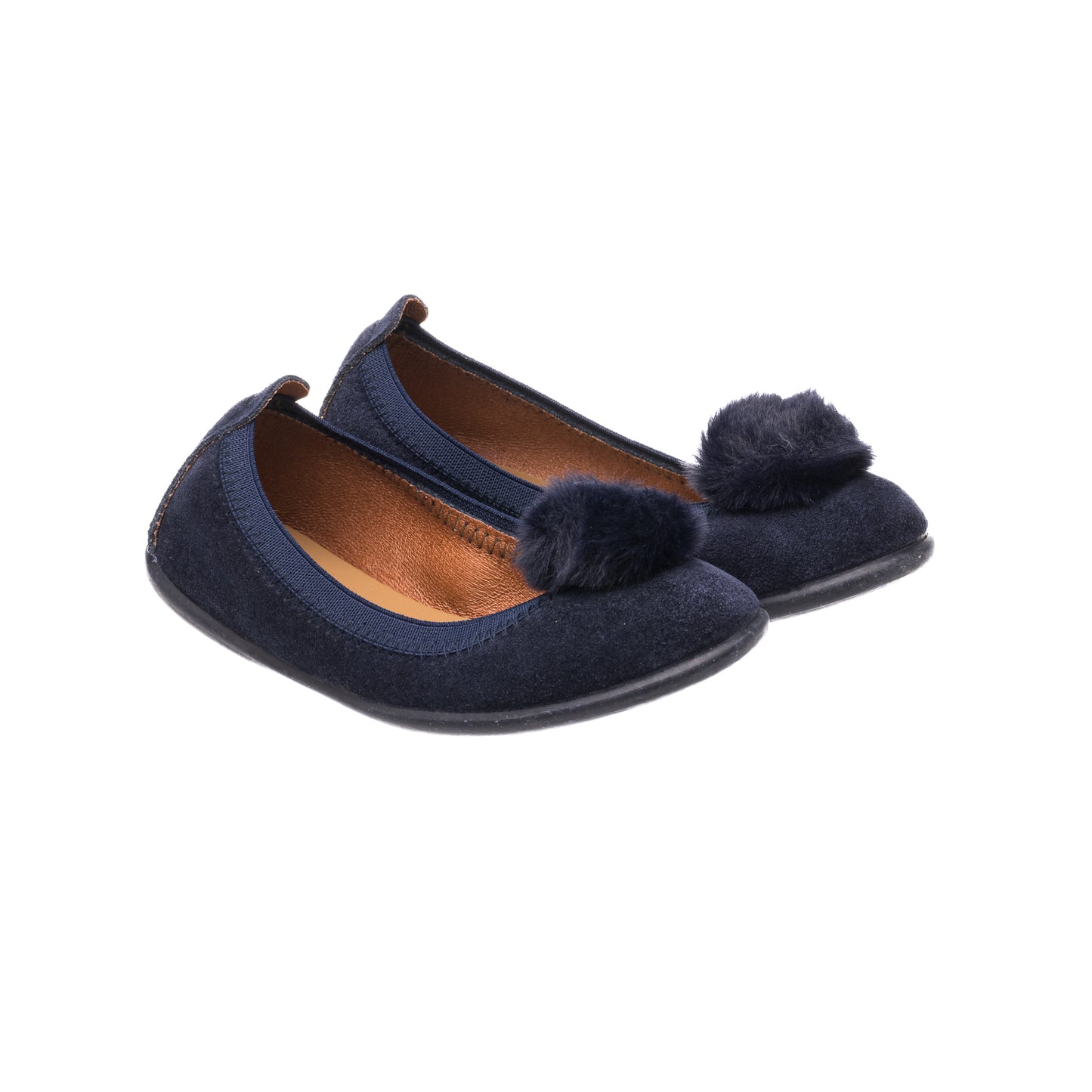 Navy blue suede ballerina shoes with pom pom detail on top, soft sole, toddler size.